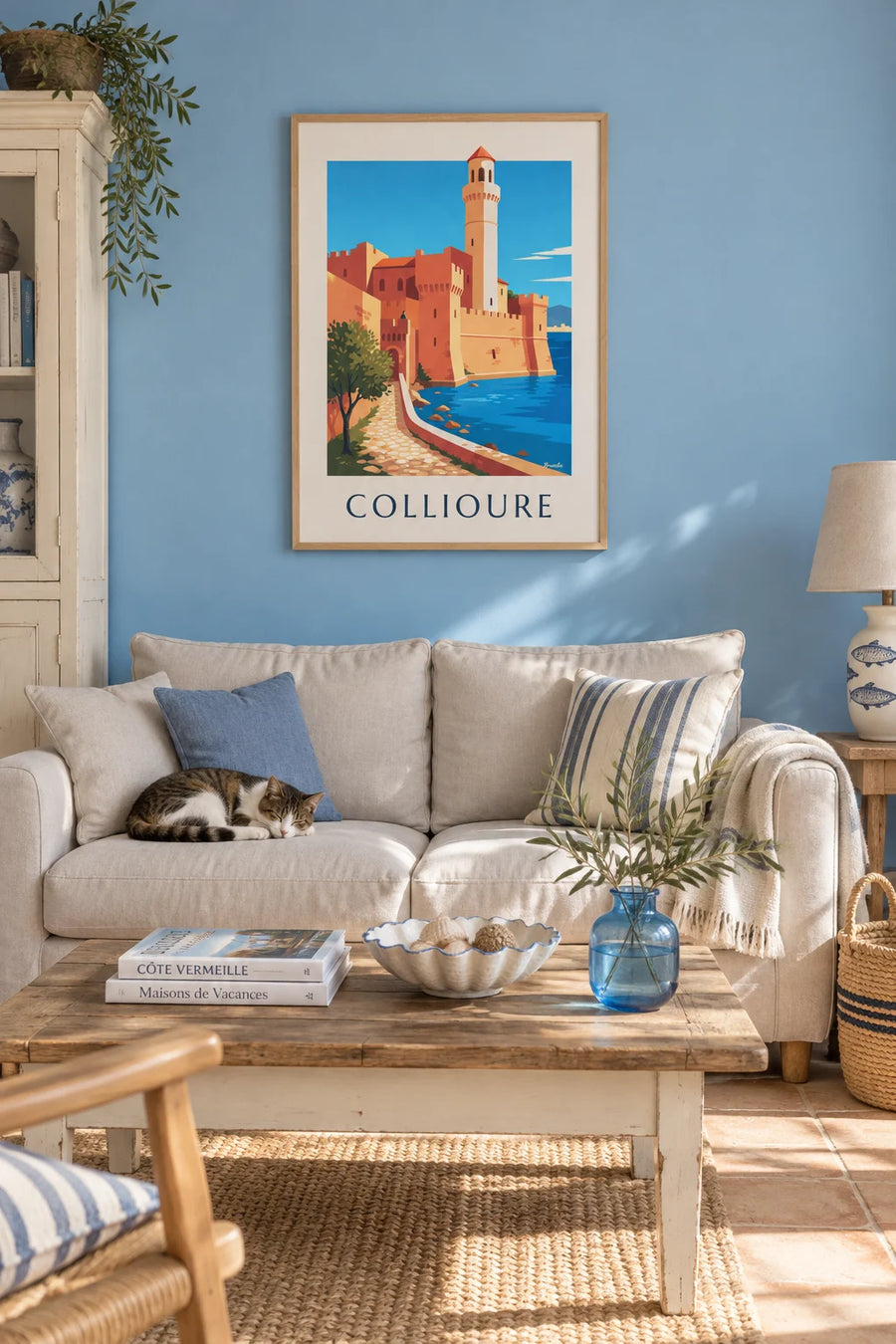Poster of Collioure’s royal castle and bell tower on the bay: framed on the wall