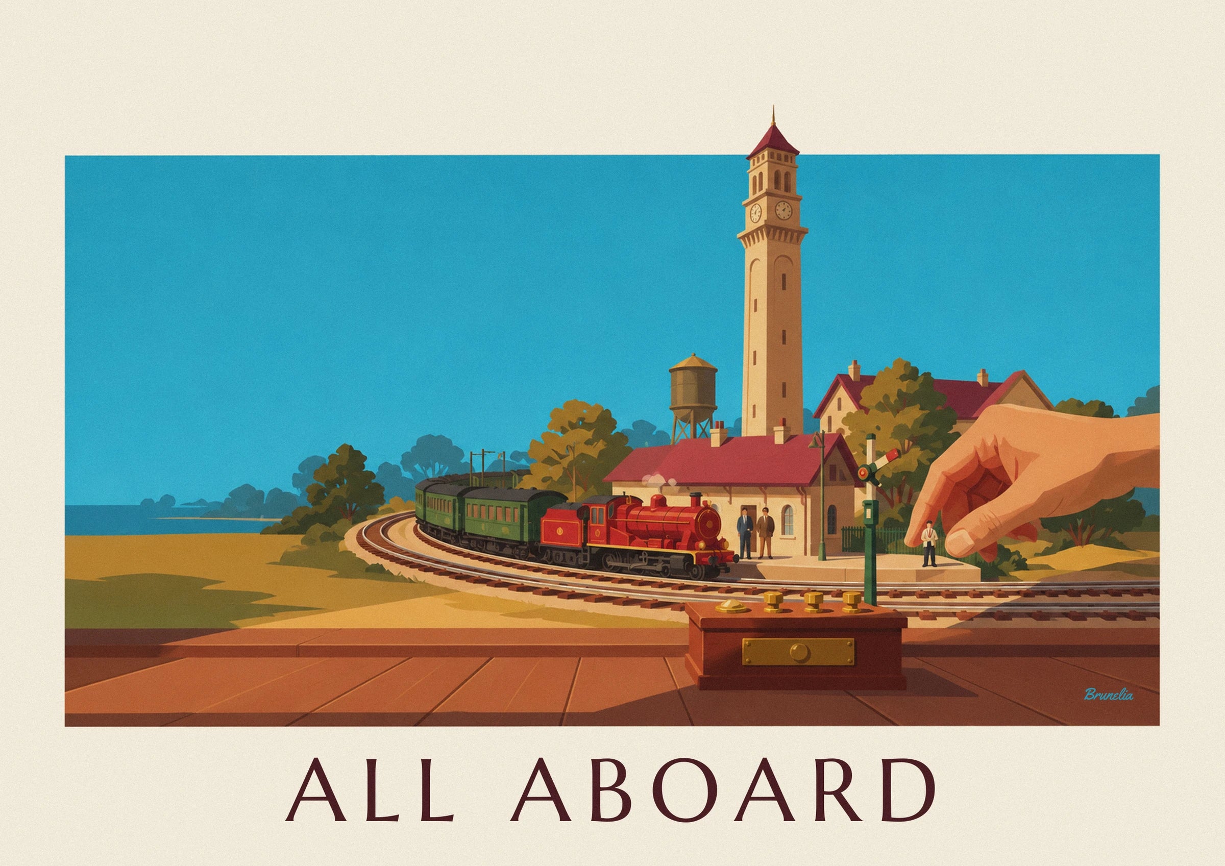 Affiche train électrique miniature et sa gare de modélisme : détail en gros plan