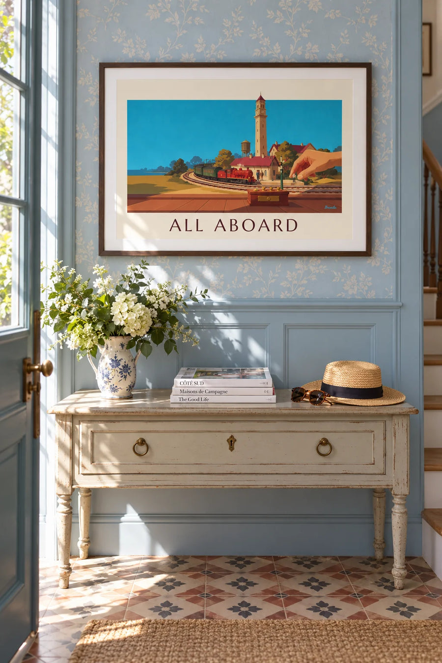 Affiche train électrique miniature et sa gare de modélisme : encadrée au mur
