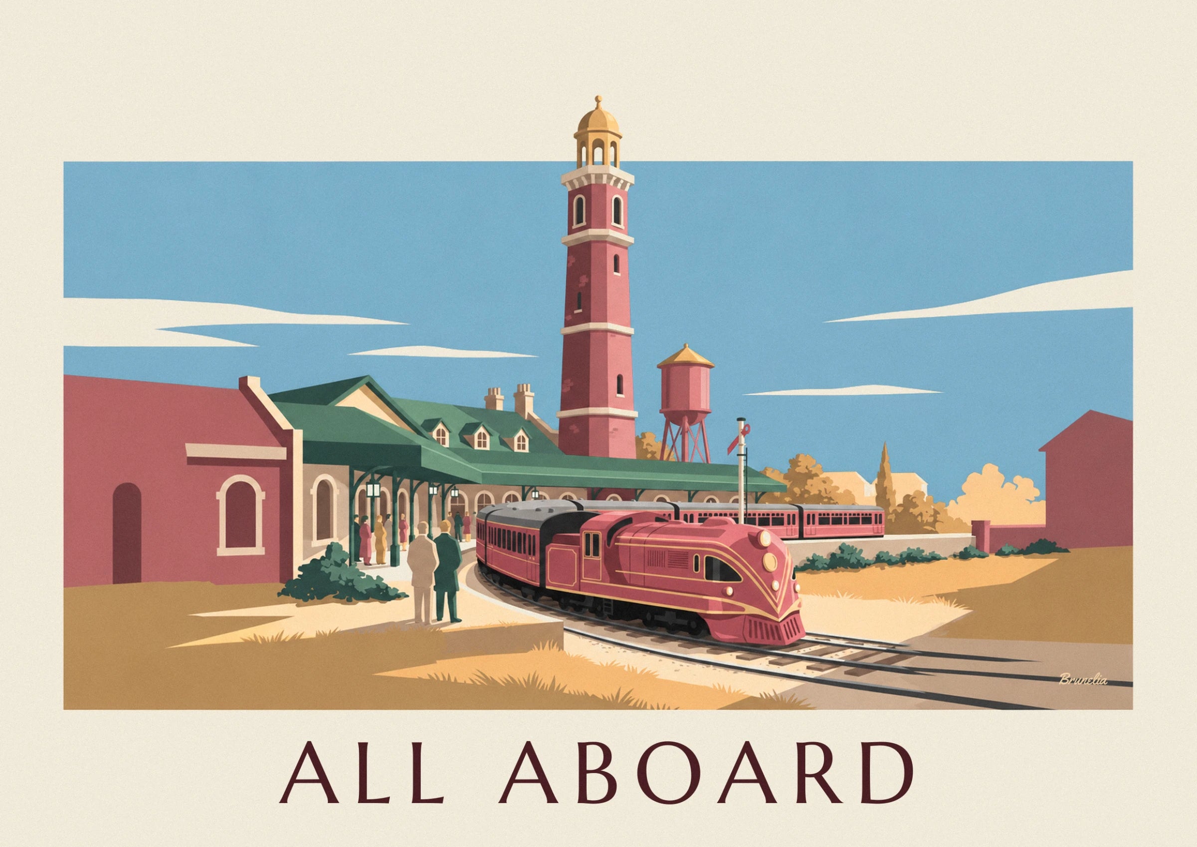 The red miniature locomotive with gold pinstripes, in front of the platform and its water tower