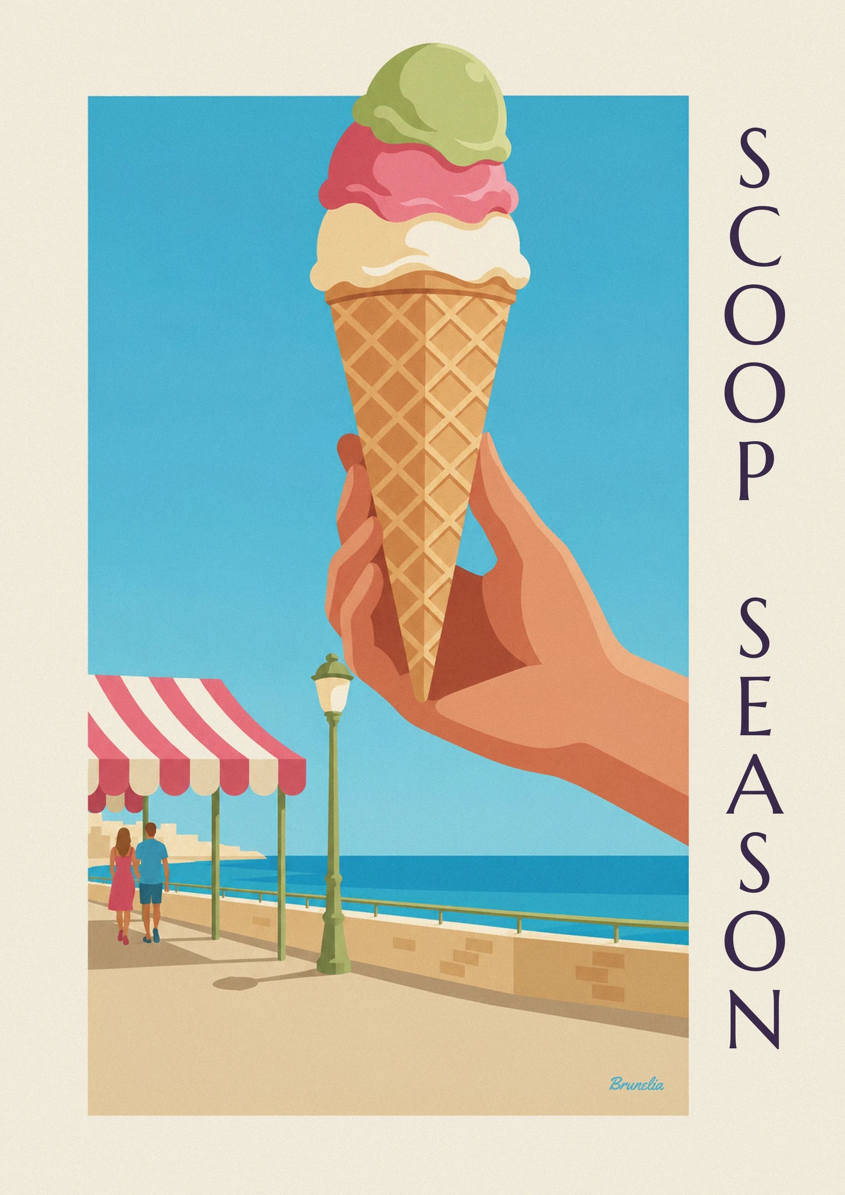 Affiche cornet de glace à 3 boules en bord de mer : détail en gros plan