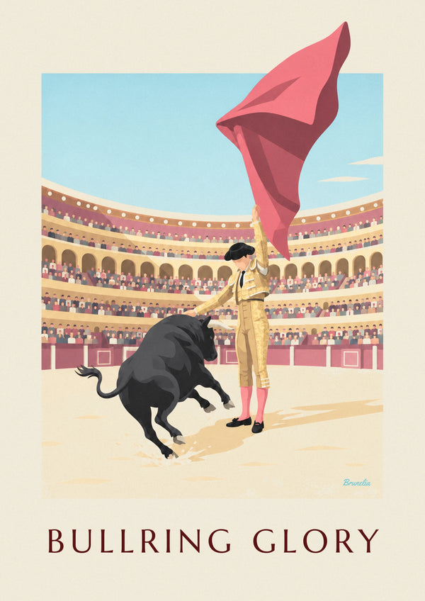 Sunlit arena matador and black bull poster