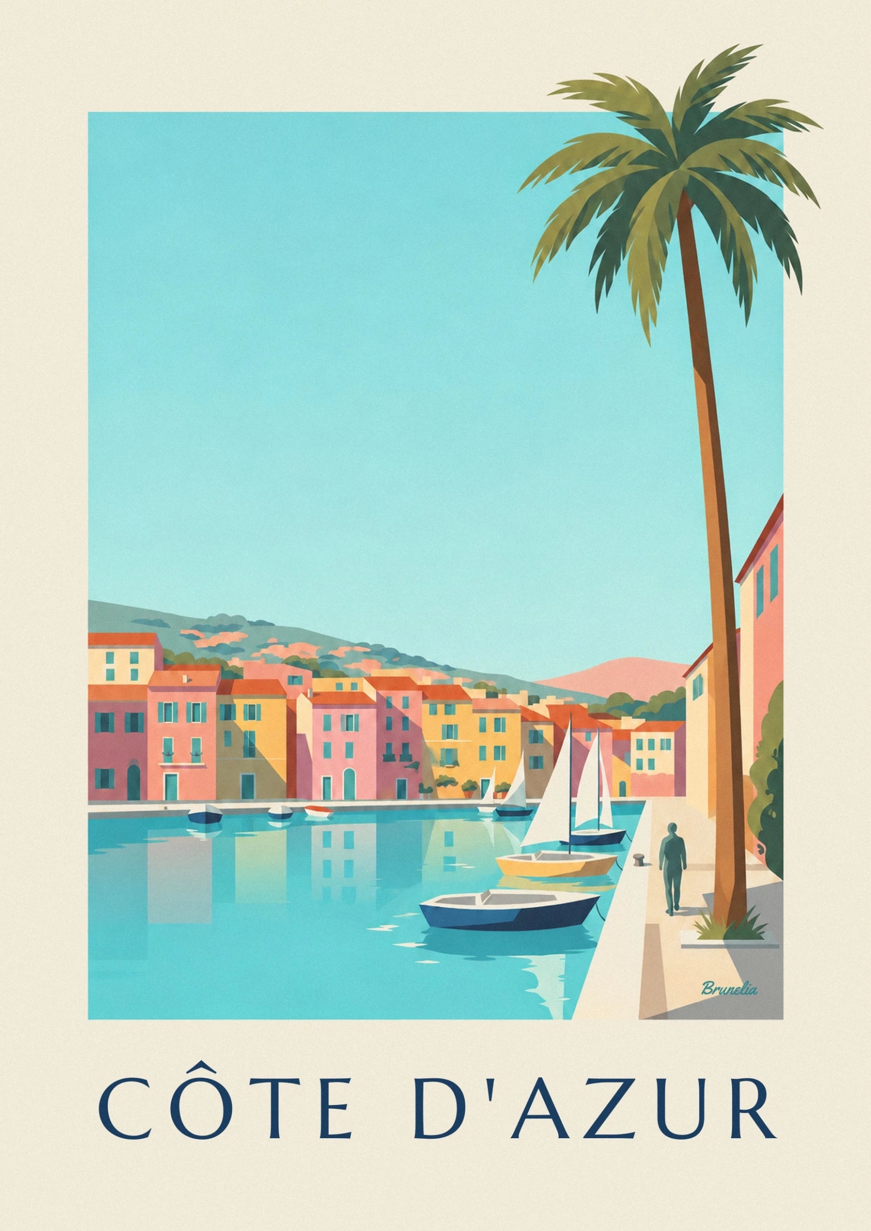 The pink and yellow harbour houses, their turquoise reflections and the small boats