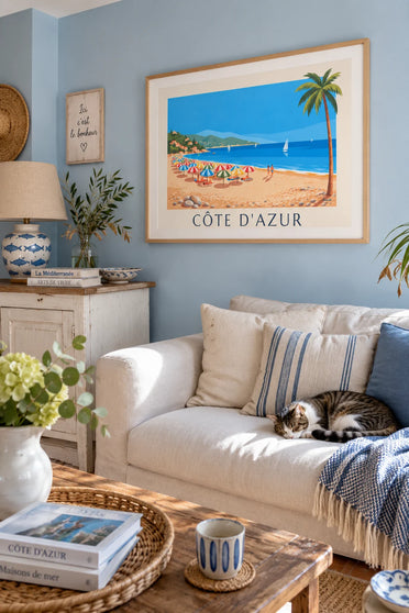 Poster of colorful parasols on a pebble beach on the French Riviera: framed on the wall