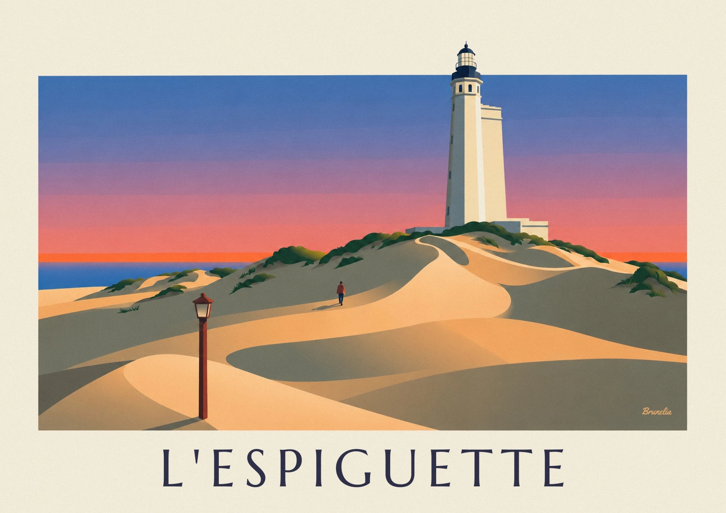 Le phare blanc de l’Espiguette et sa lanterne sombre sur un ciel bleu et rose