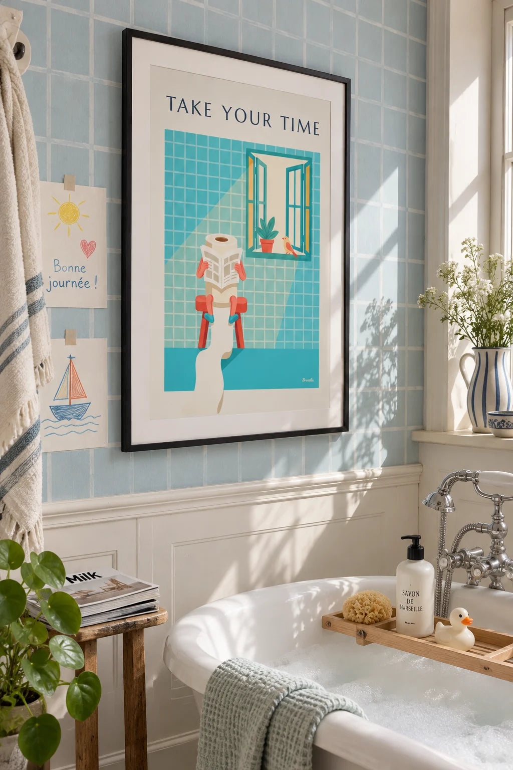 Bathroom: Toilet paper character reading the paper poster on the wall