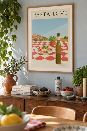 Fresh pasta plate with basil and tomatoes poster: framed on the wall