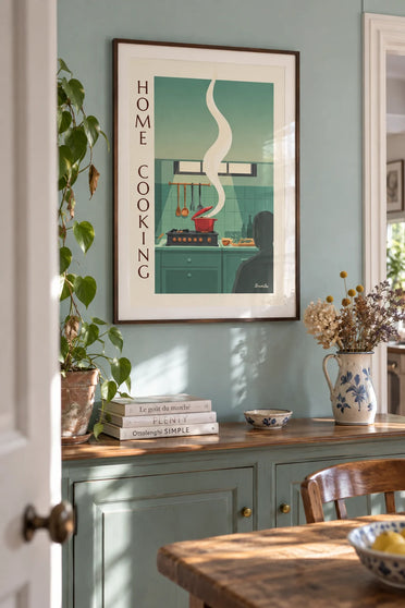 Red Dutch oven simmering with kitchen utensils poster: framed on the wall