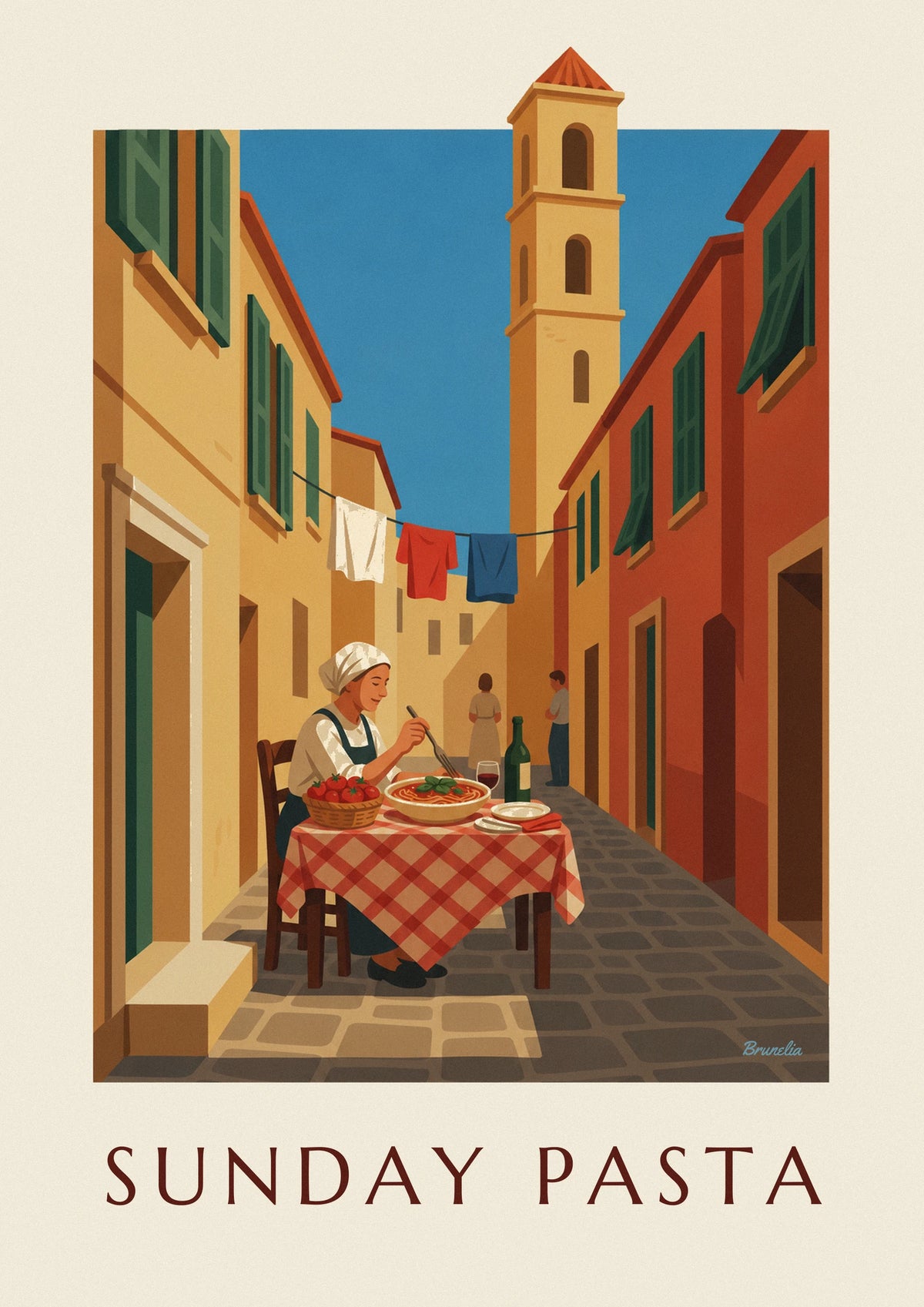 Affiche spaghettis au basilic servis dans une ruelle italienne