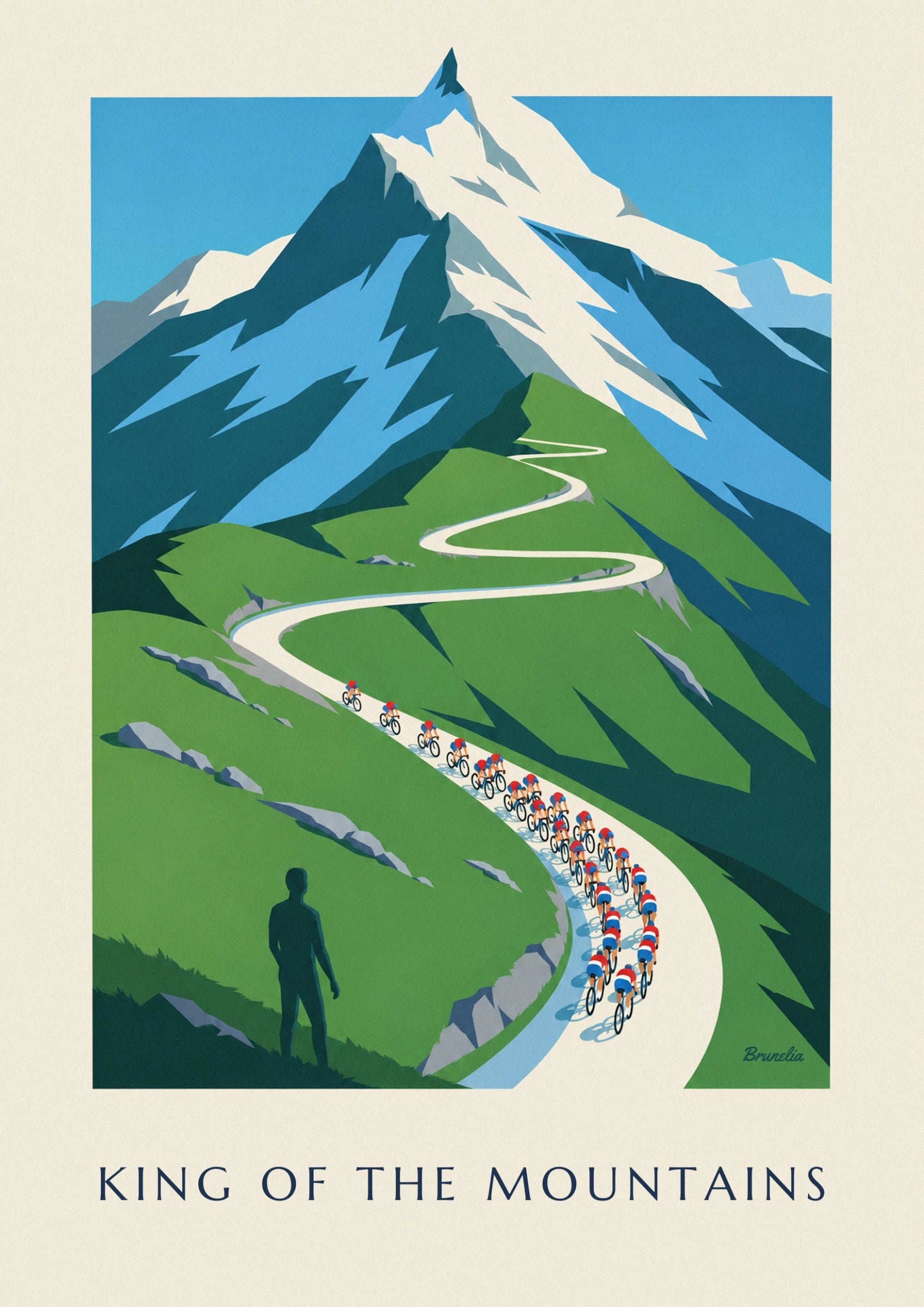 The peloton in red, white and blue jerseys on a hairpin bend lined with rocks