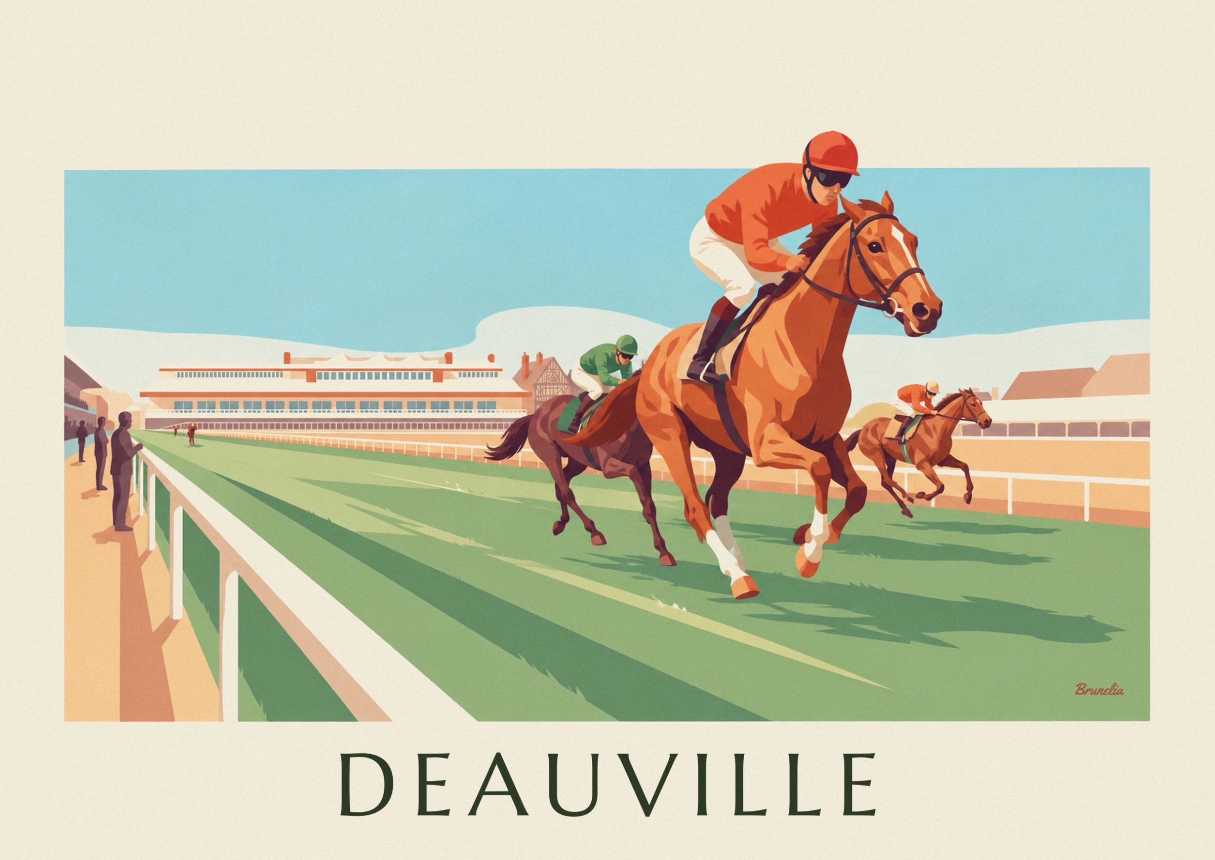 The jockey in orange silks on a chestnut horse, ahead of another rider