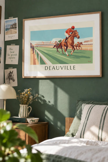 Affiche hippodrome de Deauville et chevaux au galop : encadrée au mur
