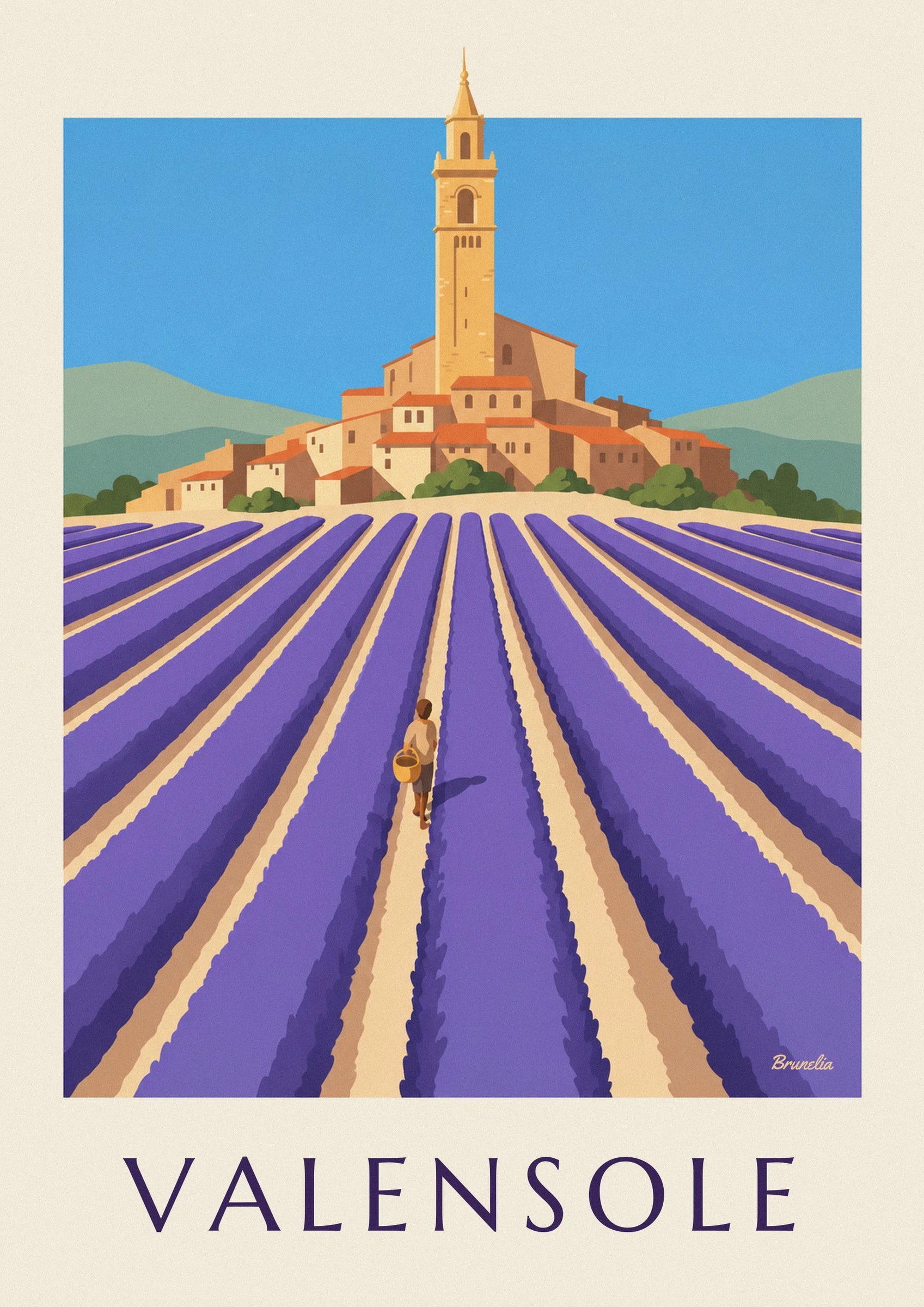 The tall ochre bell tower above the orange-roofed houses in the village of Valensole
