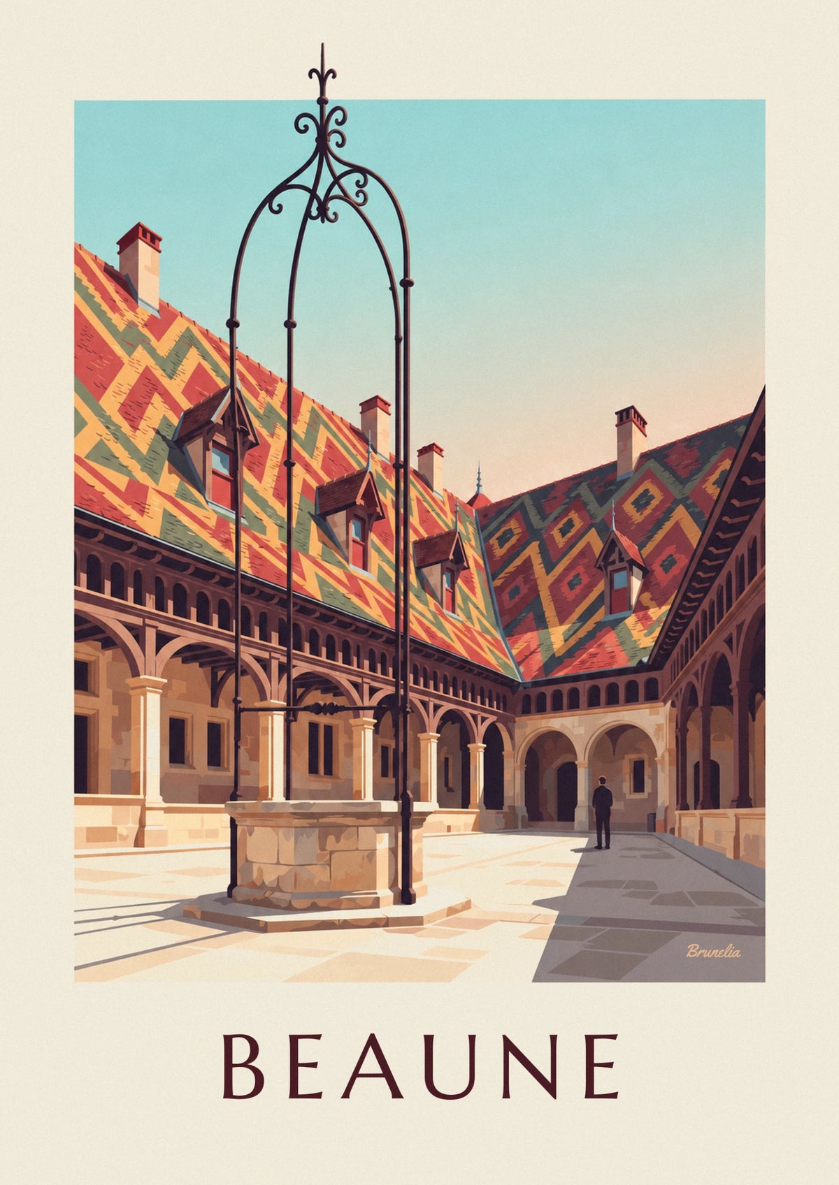 Glazed rooftops and well of the Hospices de Beaune poster