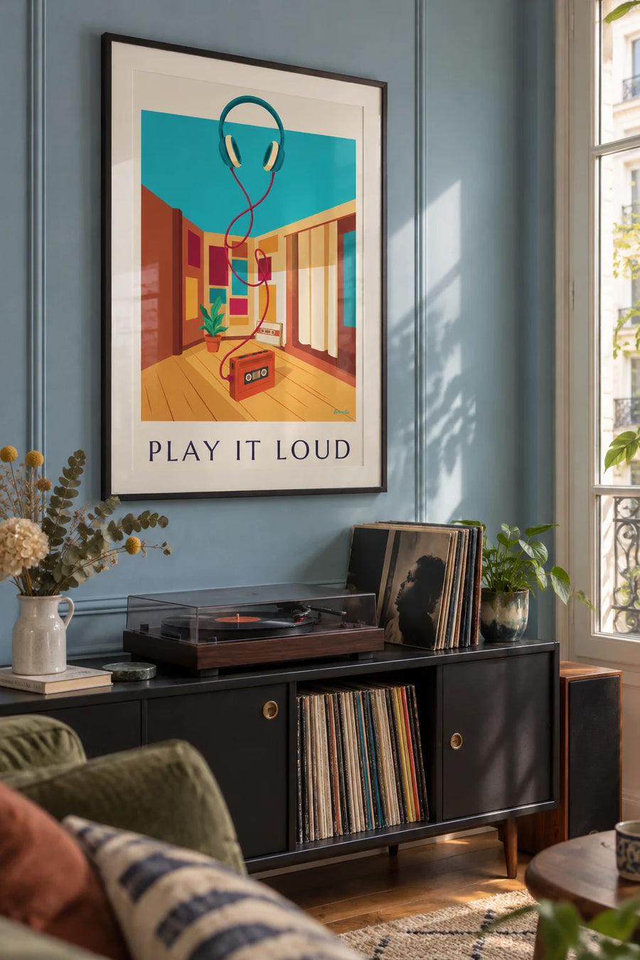 Affiche baladeur à cassette et écouteurs Play It Loud : encadrée au mur