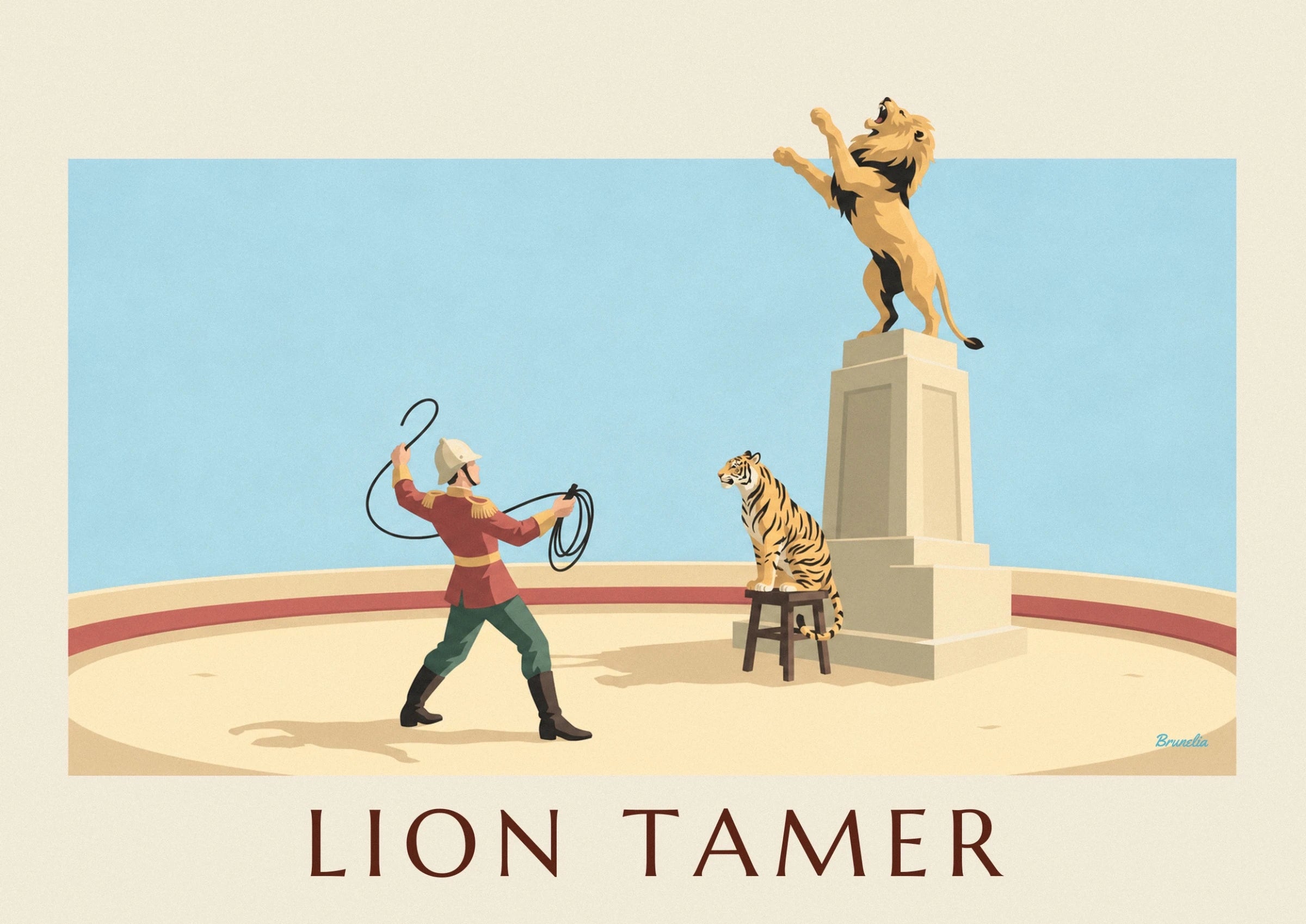 Lion tamer with lion and tiger in the circus ring poster: close-up detail