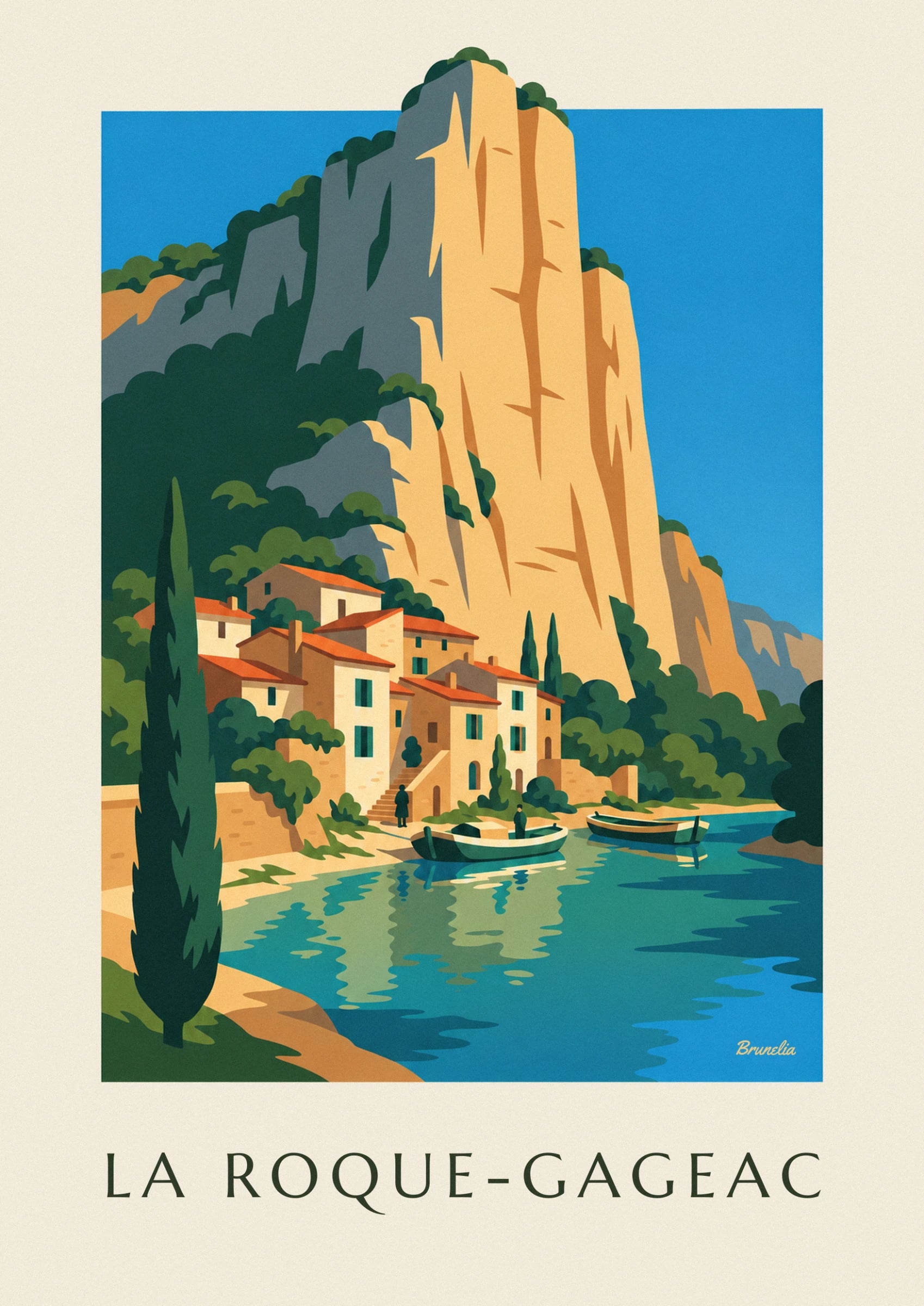 Golden stone houses with orange roofs and green shutters, beneath the cliff
