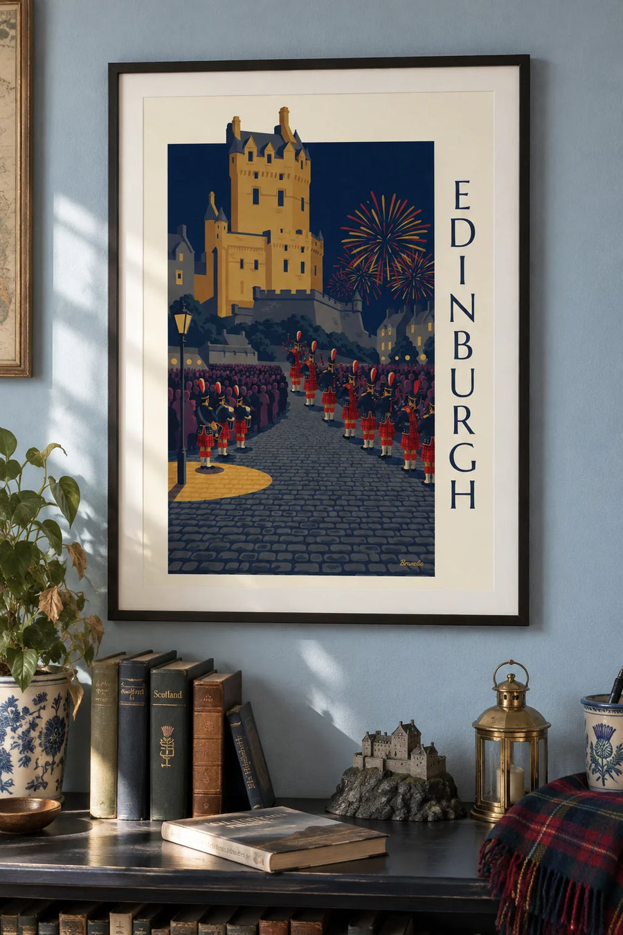 Poster of Edinburgh Castle and the Military Tattoo at night: framed on the wall