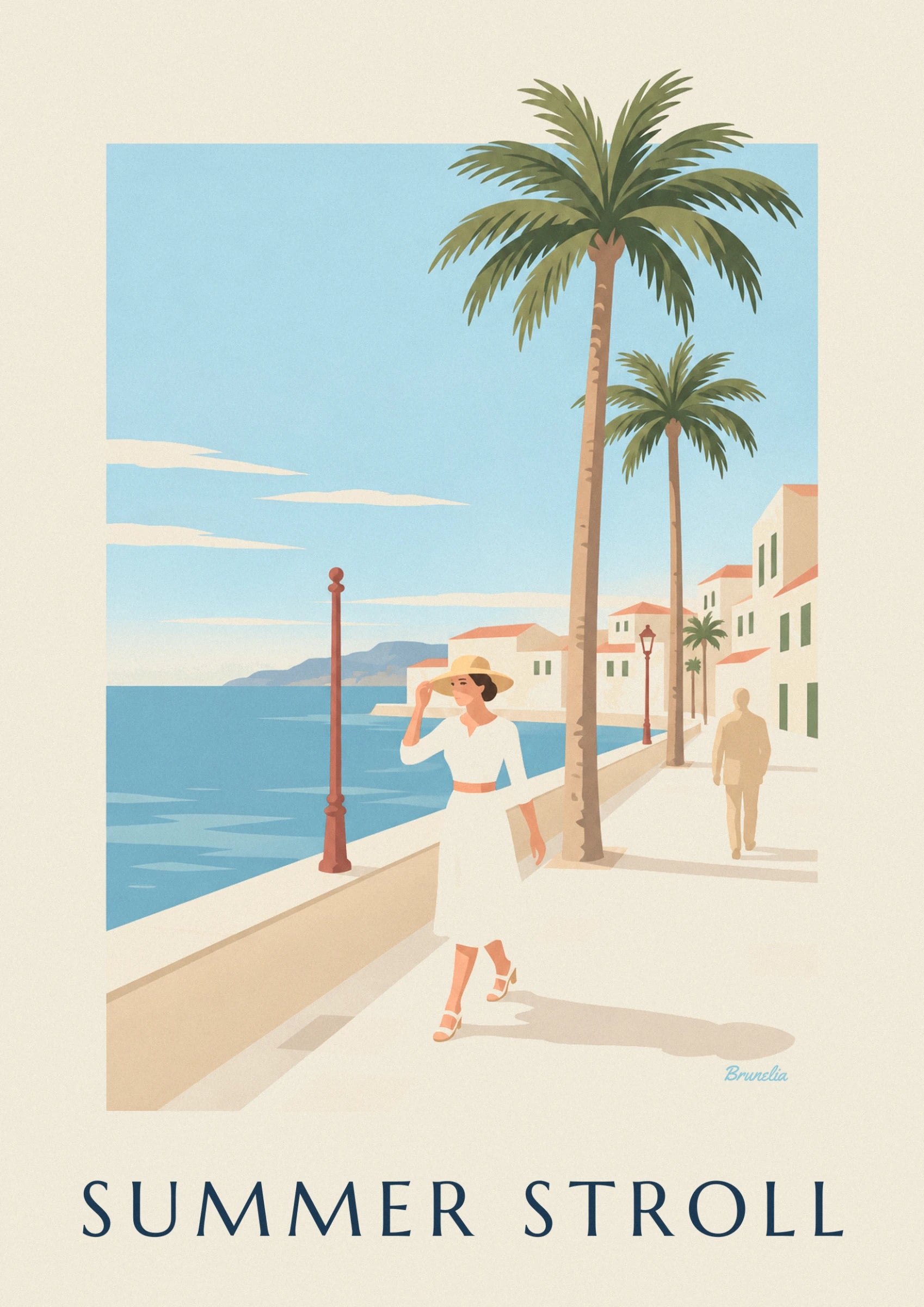 La femme en robe blanche et chapeau de paille, sur le quai face à la mer
