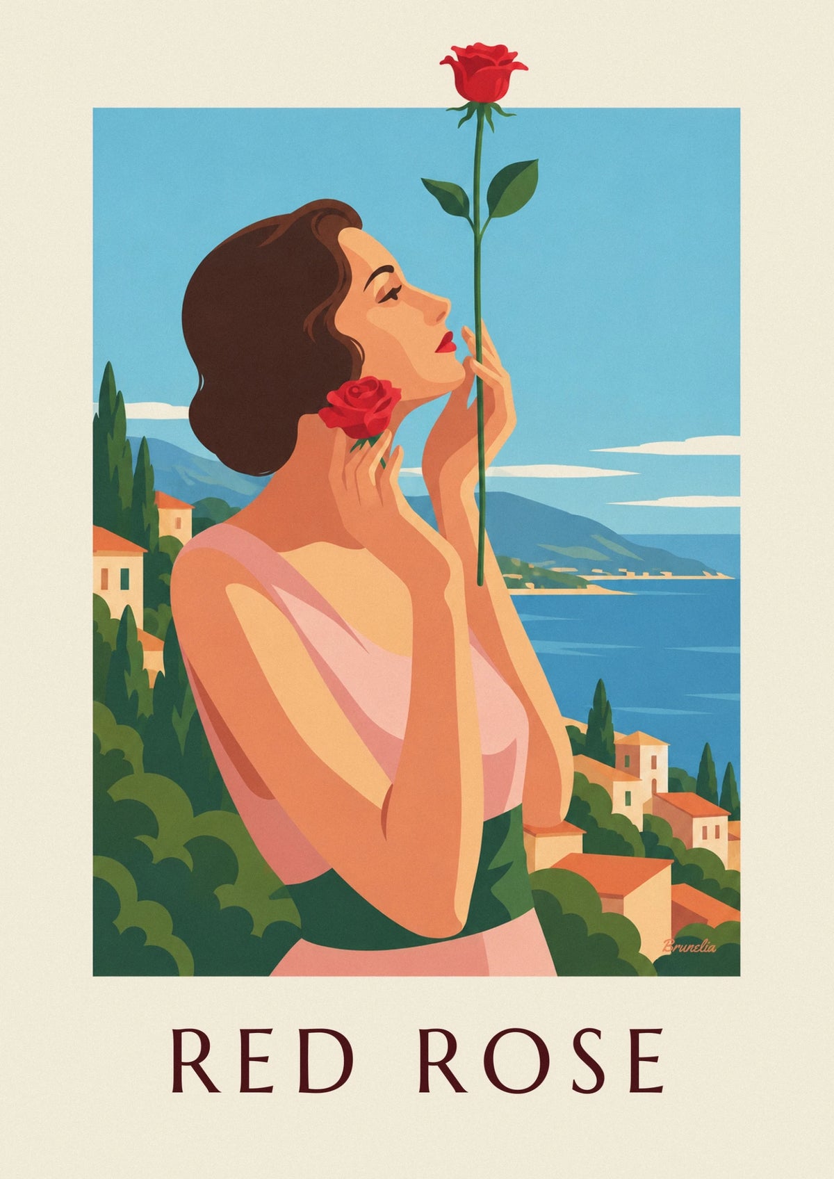 Affiche femme élégante tenant une rose rouge près du visage