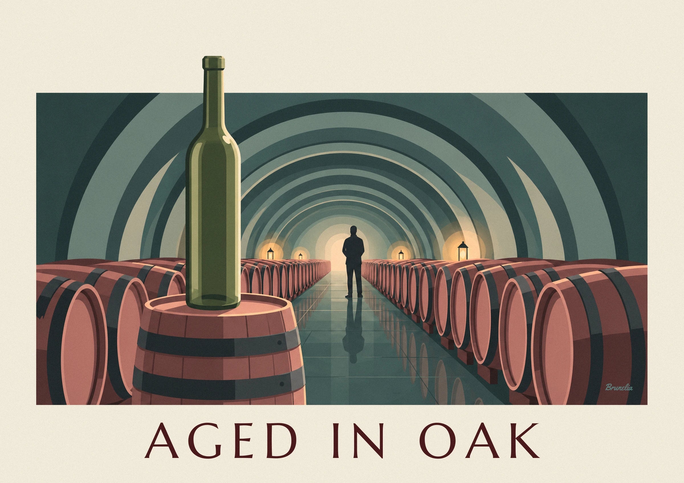 A green bottle on an oak barrel between the rows of barrels in the wine cellar