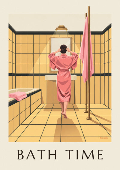 Poster of a woman in a pink robe in a yellow bathroom: the full poster