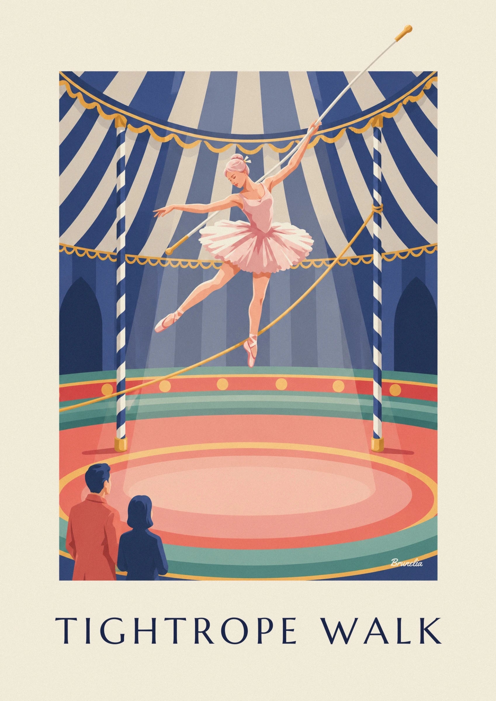 The tightrope walker in a pink tutu on her golden wire, beneath the blue and cream striped big top