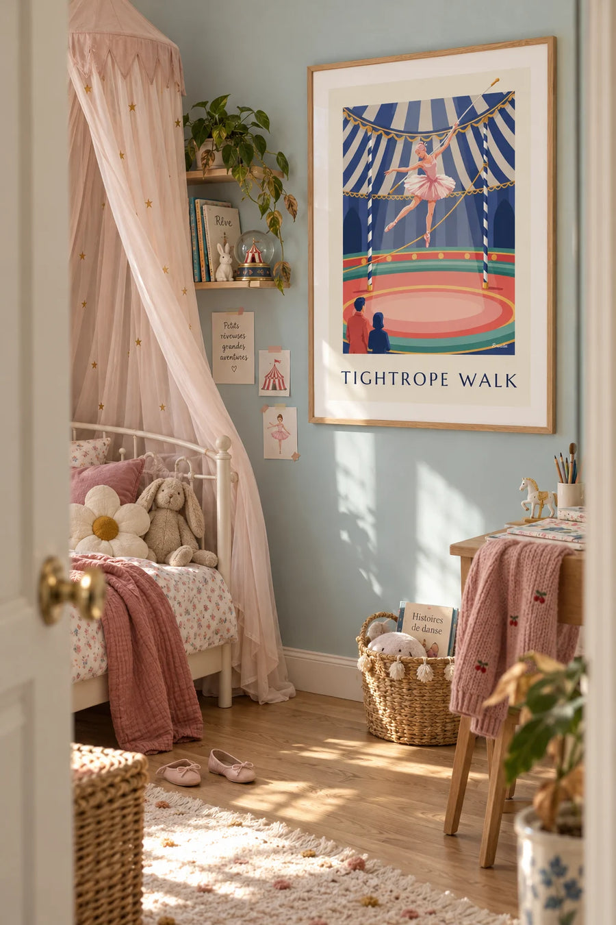 Poster of a tightrope walker acrobat on a taut wire under the big top: framed on the wall