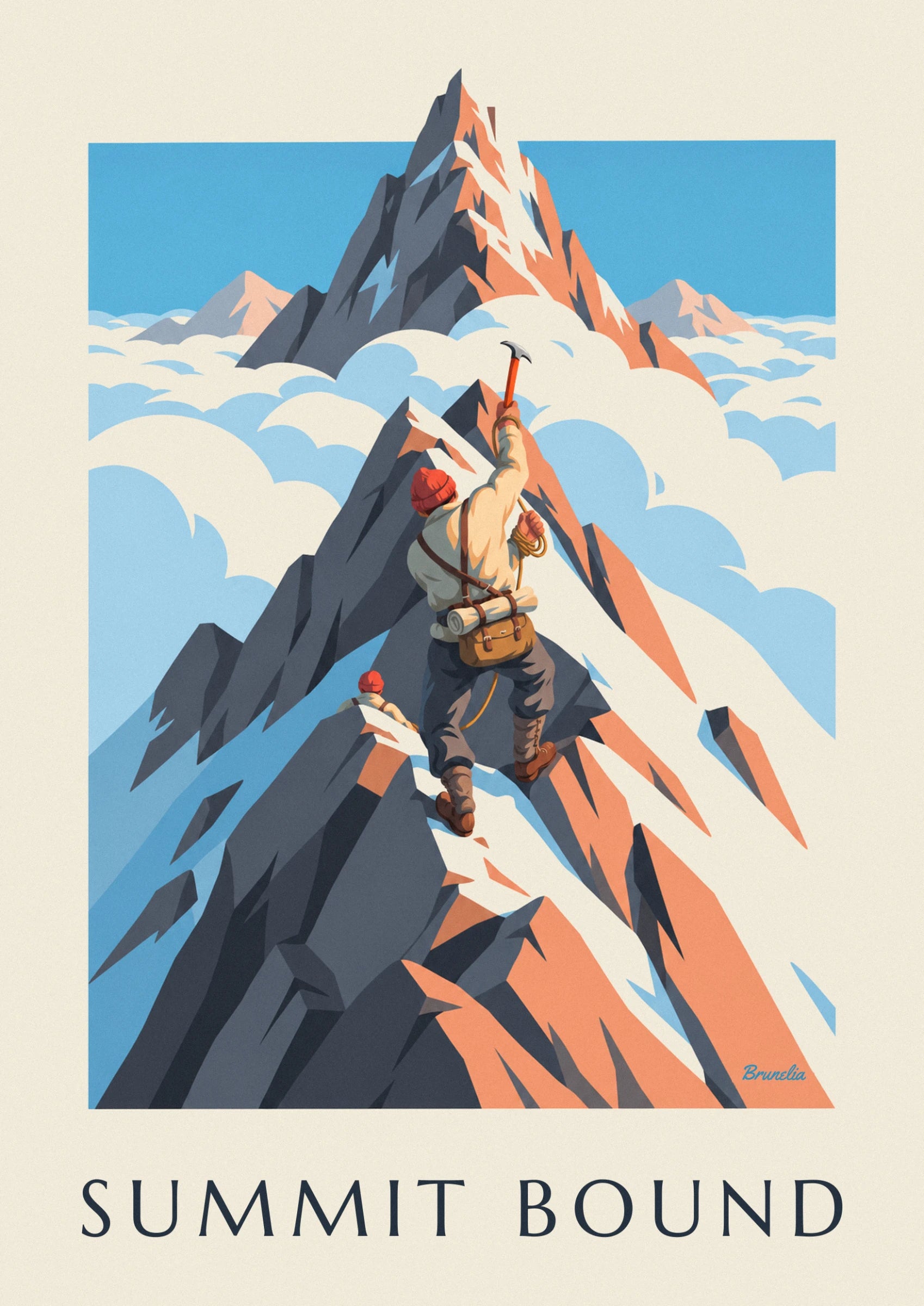 L’alpiniste au bonnet rouge, piolet levé et corde à la ceinture sur l’arête rocheuse