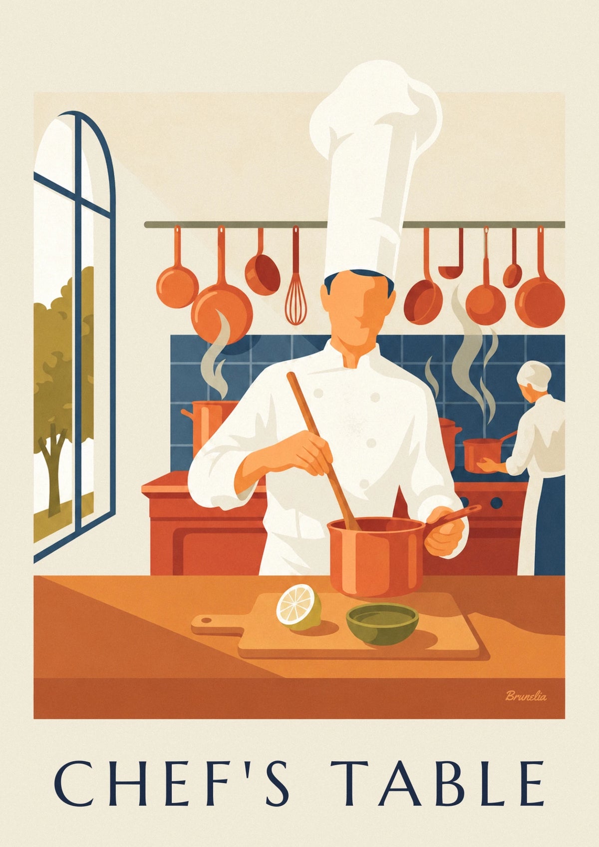 Chef in a toque surrounded by copper pots poster