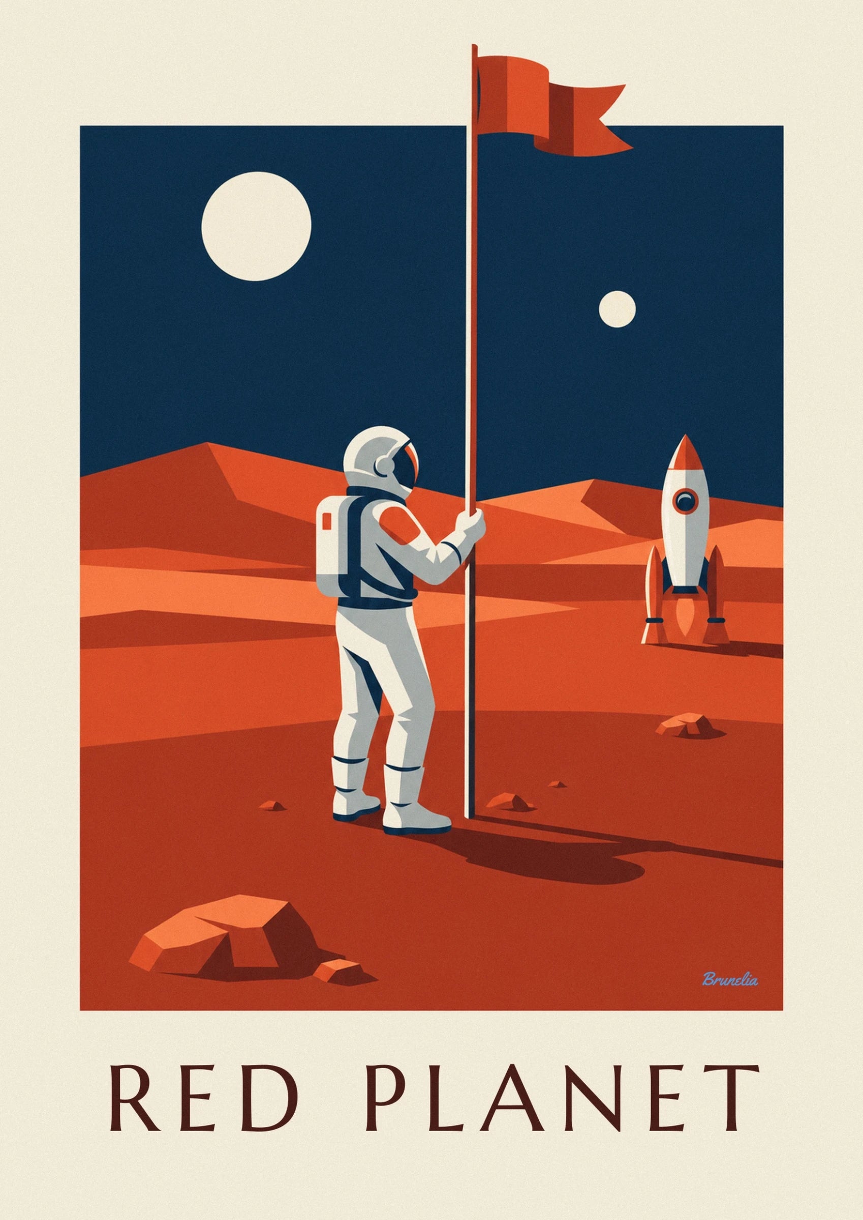 An astronaut in a white spacesuit holding a pole on the red ground of Mars