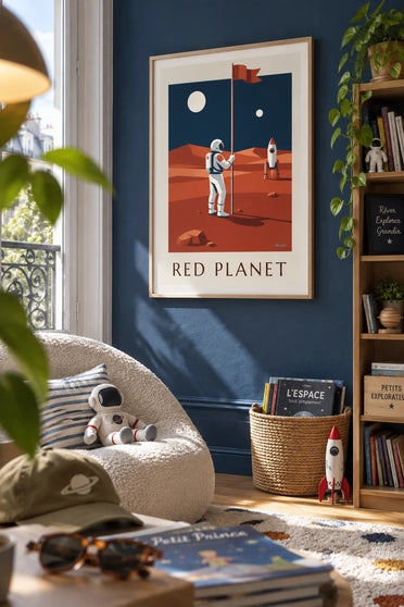 Astronaut planting a flag on the planet Mars poster: framed on the wall
