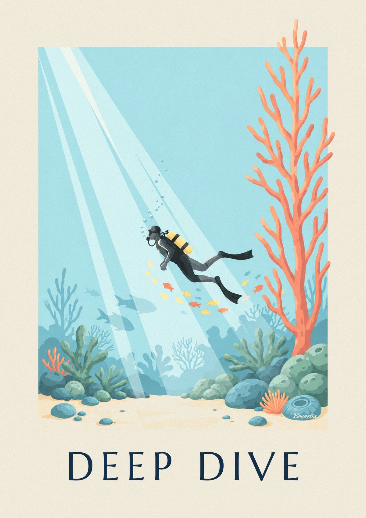 Scuba diver among corals and fish poster