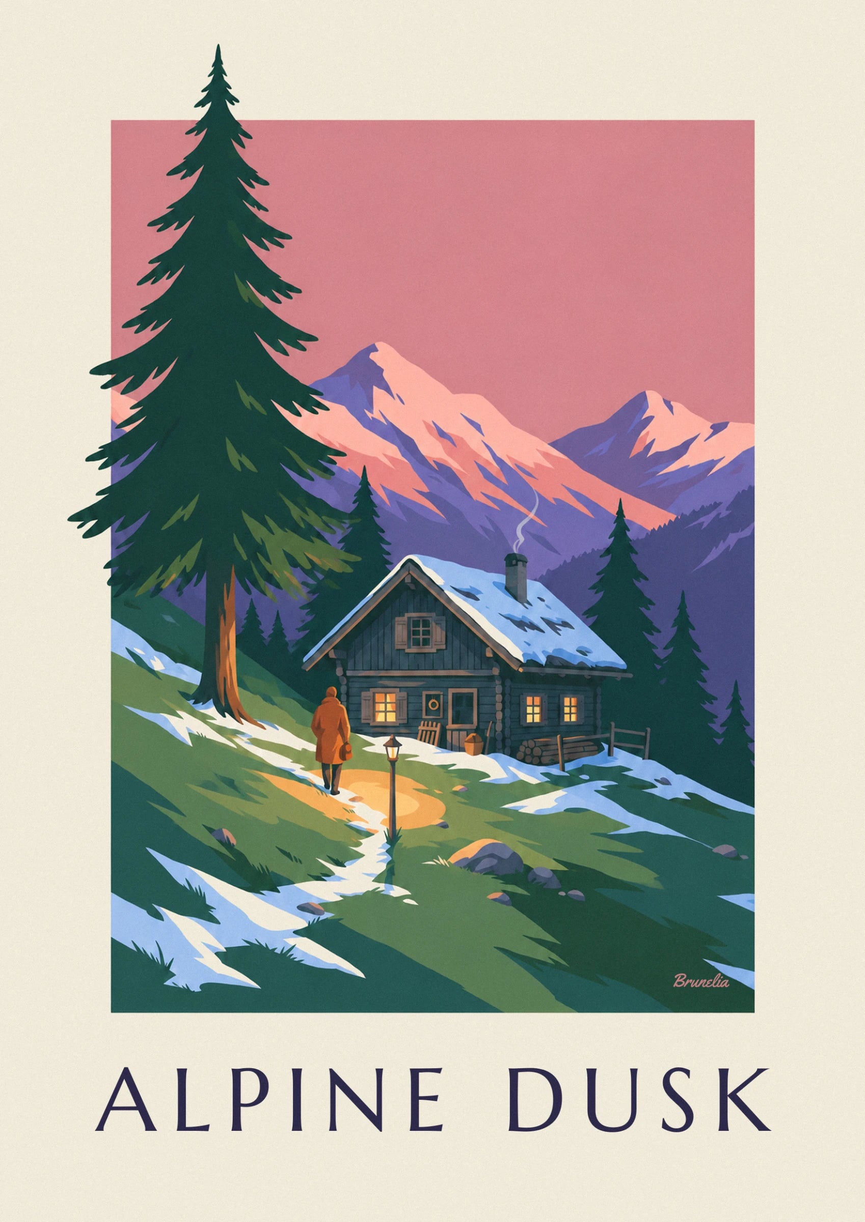 The log chalet with lit windows, a snowy roof and rising smoke beneath the purple peaks