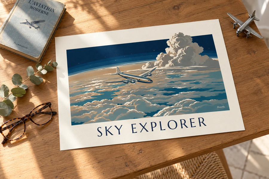 Affiche avion de ligne au-dessus d'une mer de nuages : posée sur une table