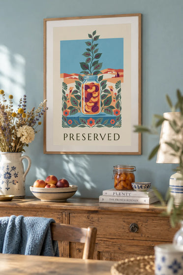 Poster of a jar of preserved fruit and a leafy backdrop: framed on the wall