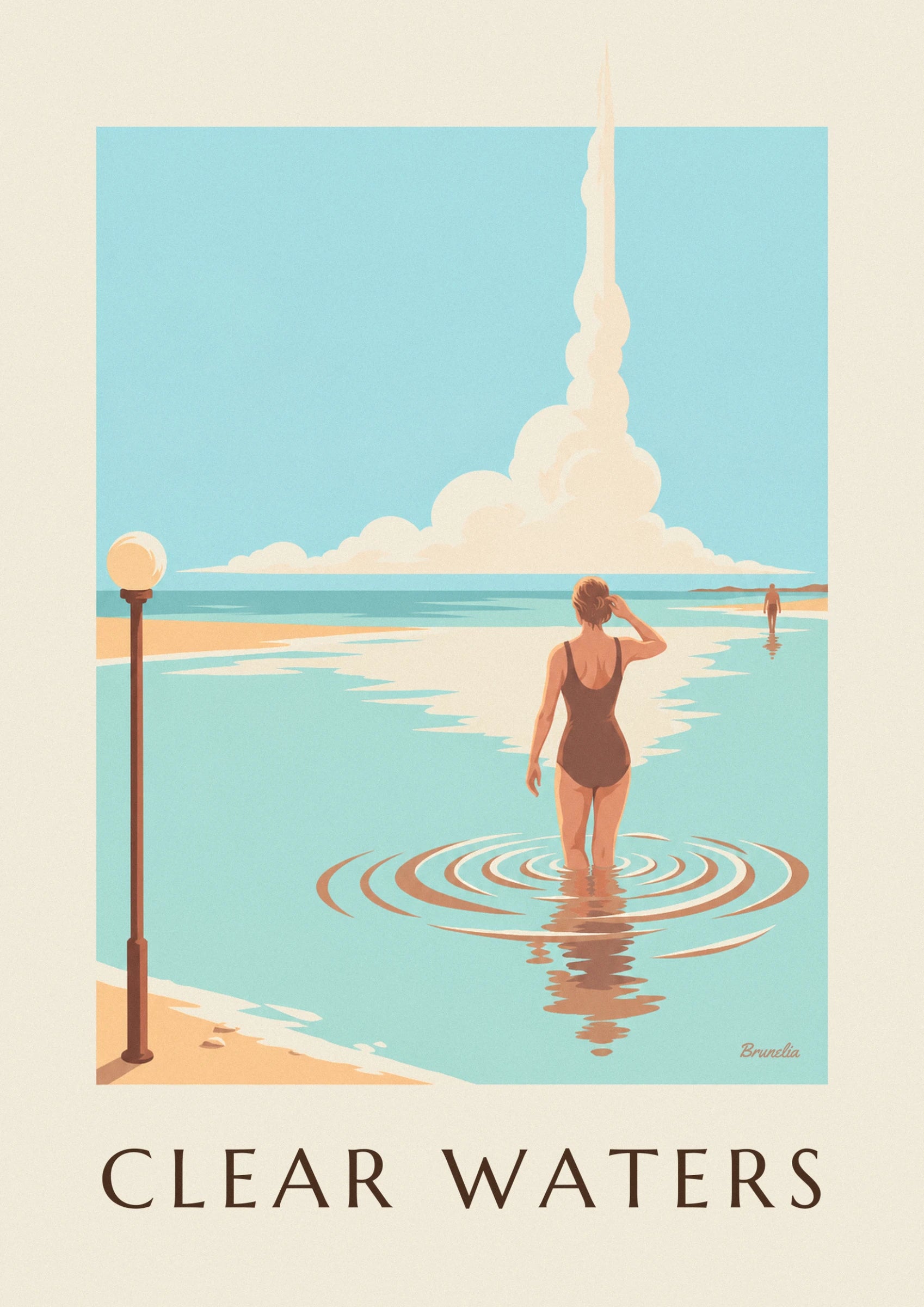 La baigneuse de dos en maillot marron, la main dans les cheveux, entourée d'ondes dans l'eau claire