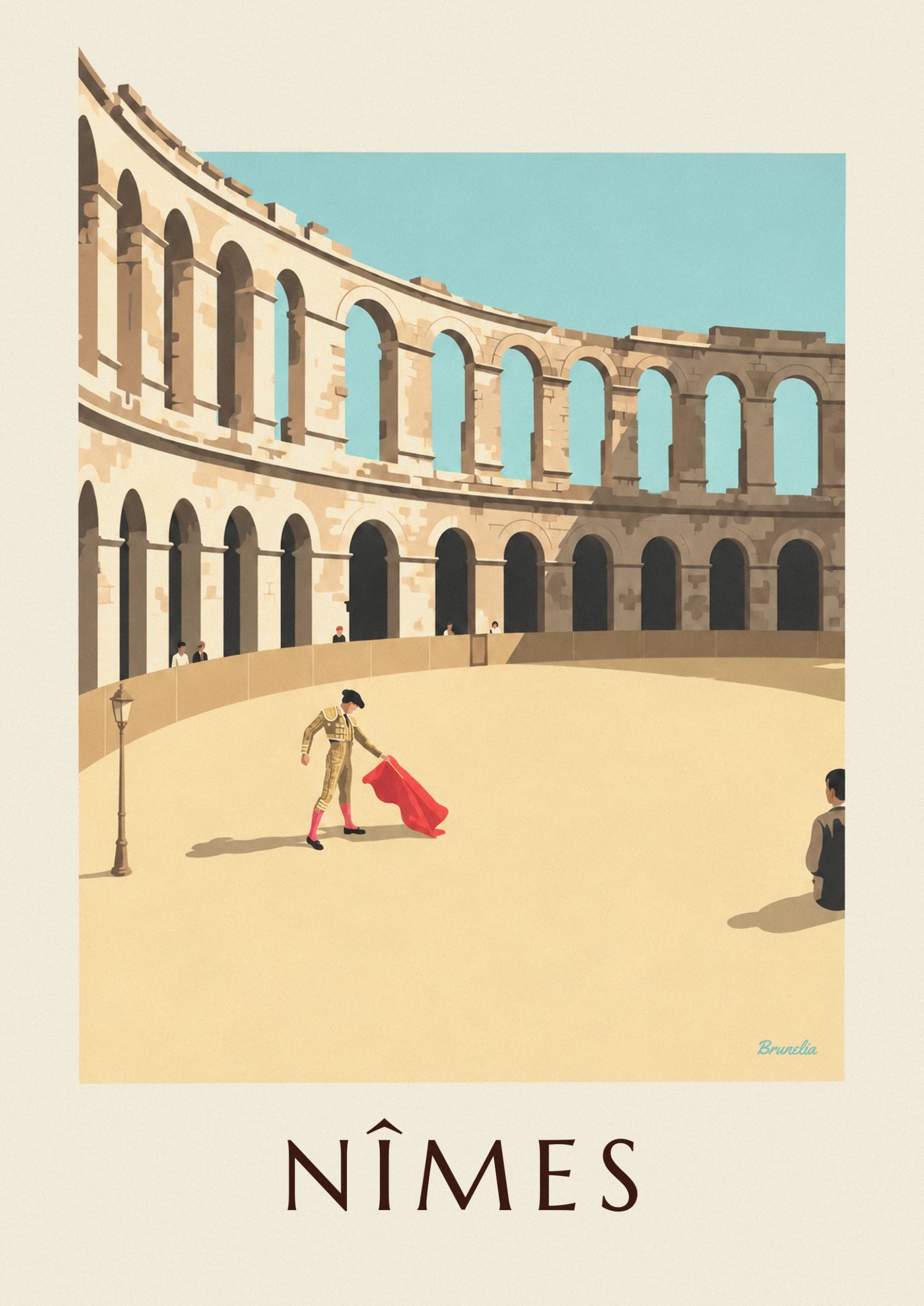 The matador in a golden suit with his red cape, alone on the sand of the arena