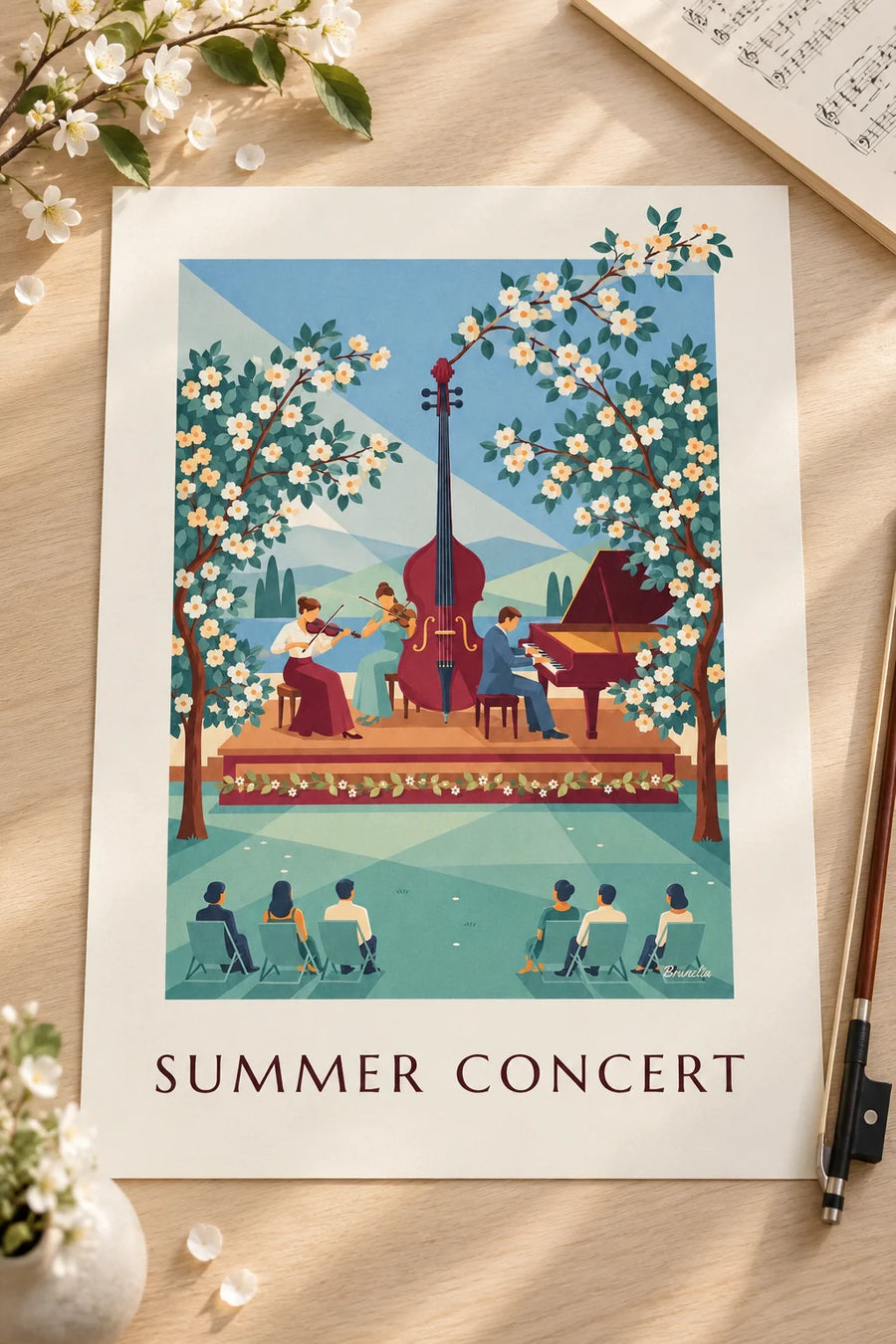 Classical music trio at an outdoor summer concert poster: set on a table