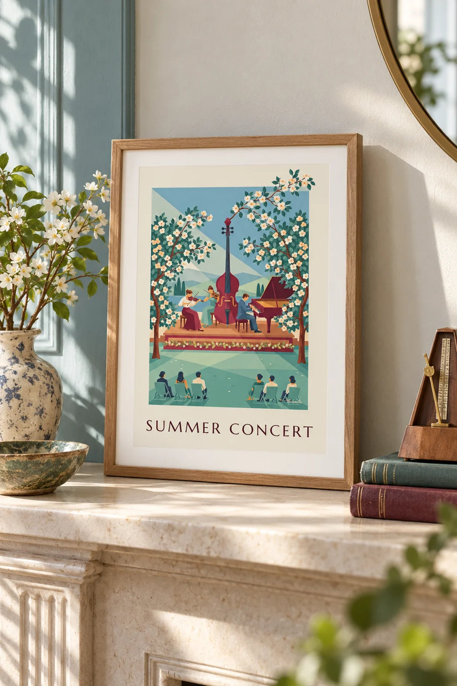 Poster of a classical music trio at an outdoor summer concert: small framed A4 size