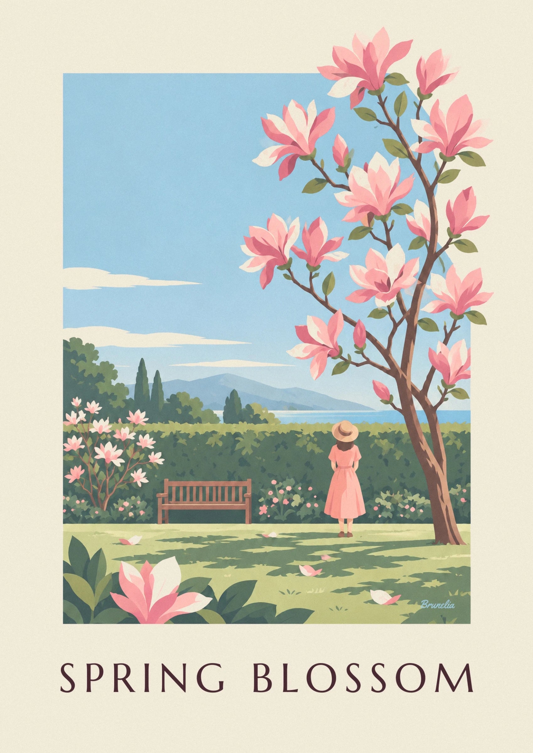 Une branche de magnolia aux fleurs roses et crème, ponctuée de feuilles vertes