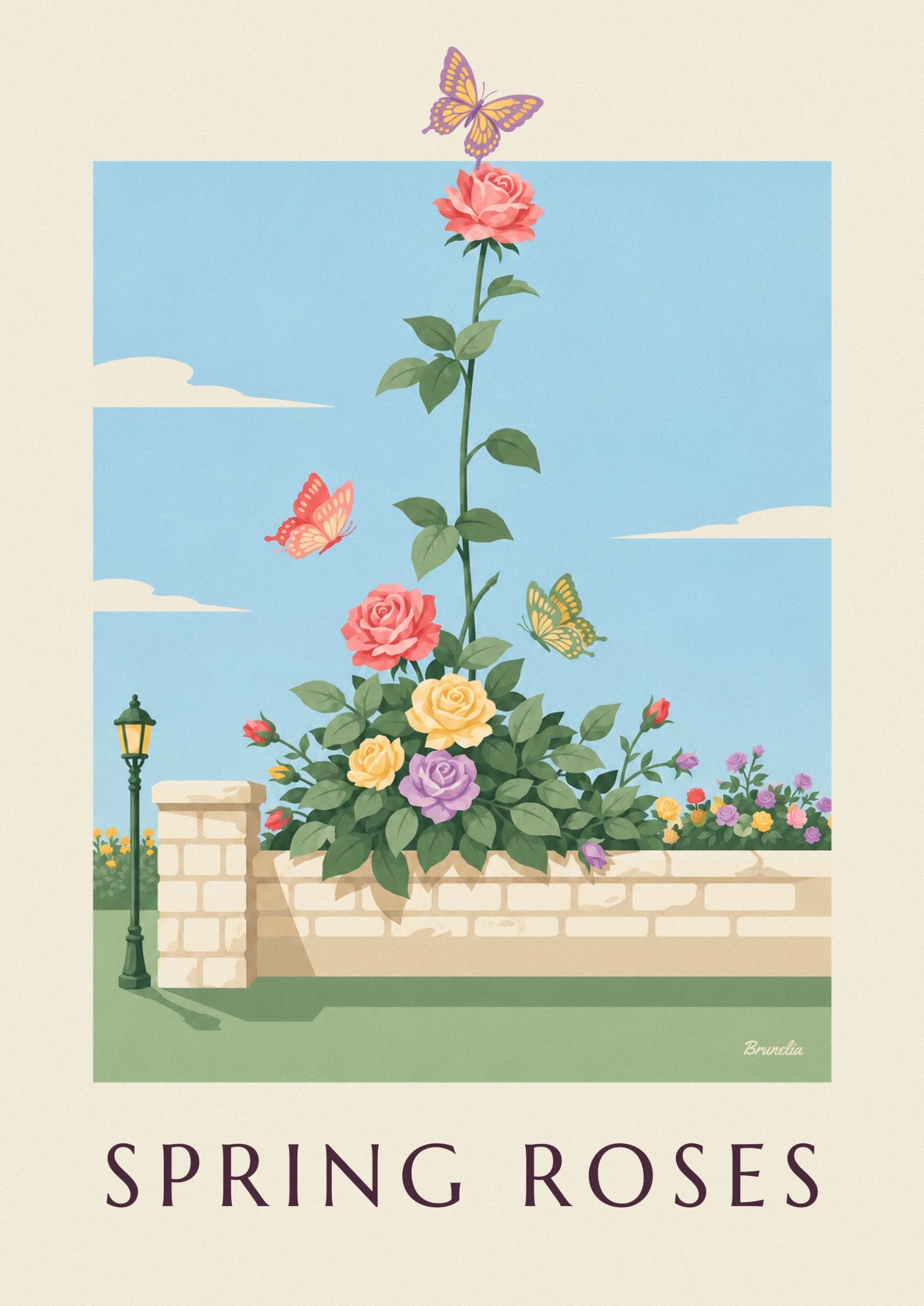 Pink, yellow and mauve roses beside a butterfly with yellow and green wings