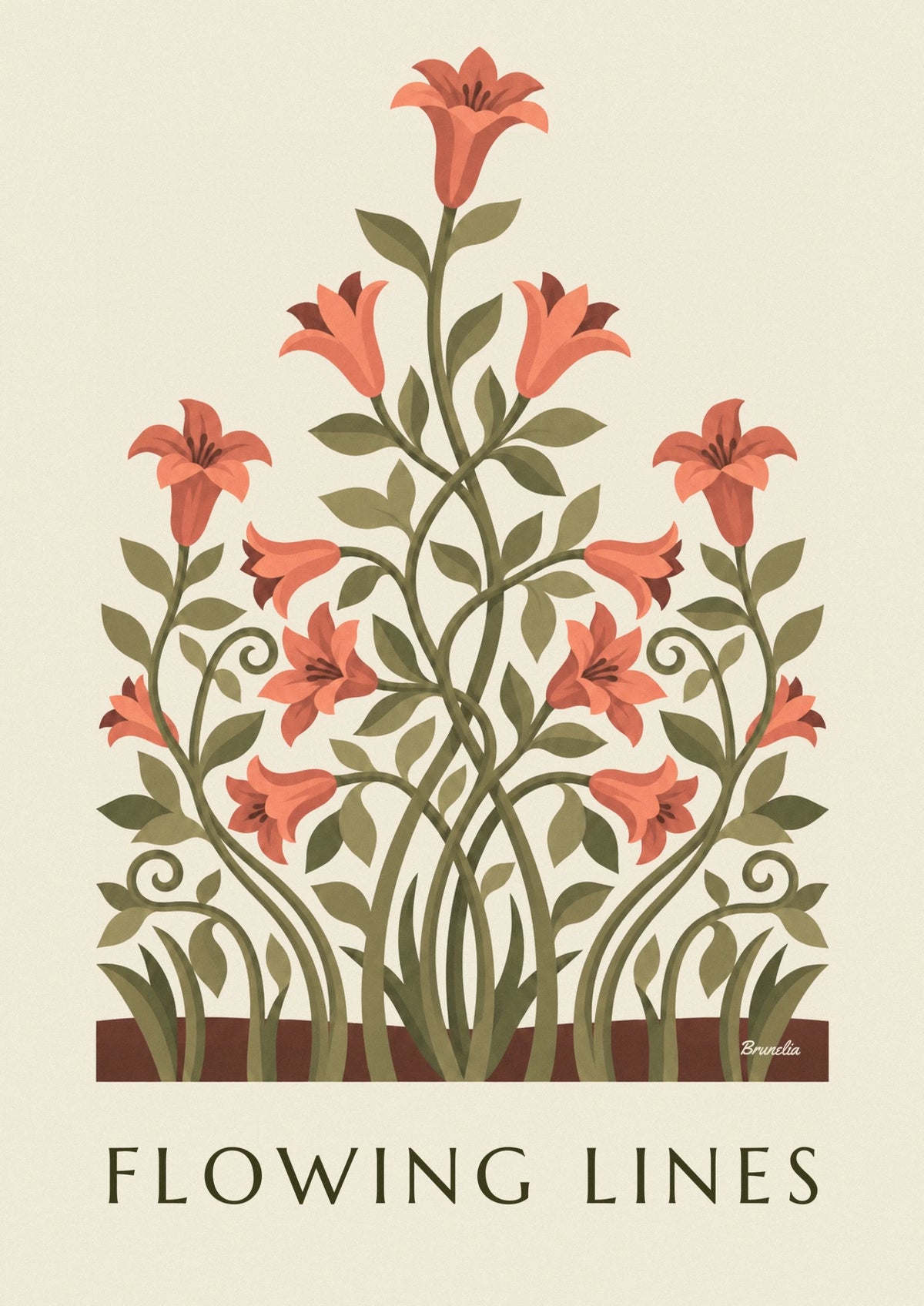Affiche motif floral aux lignes courbes et lys stylisés