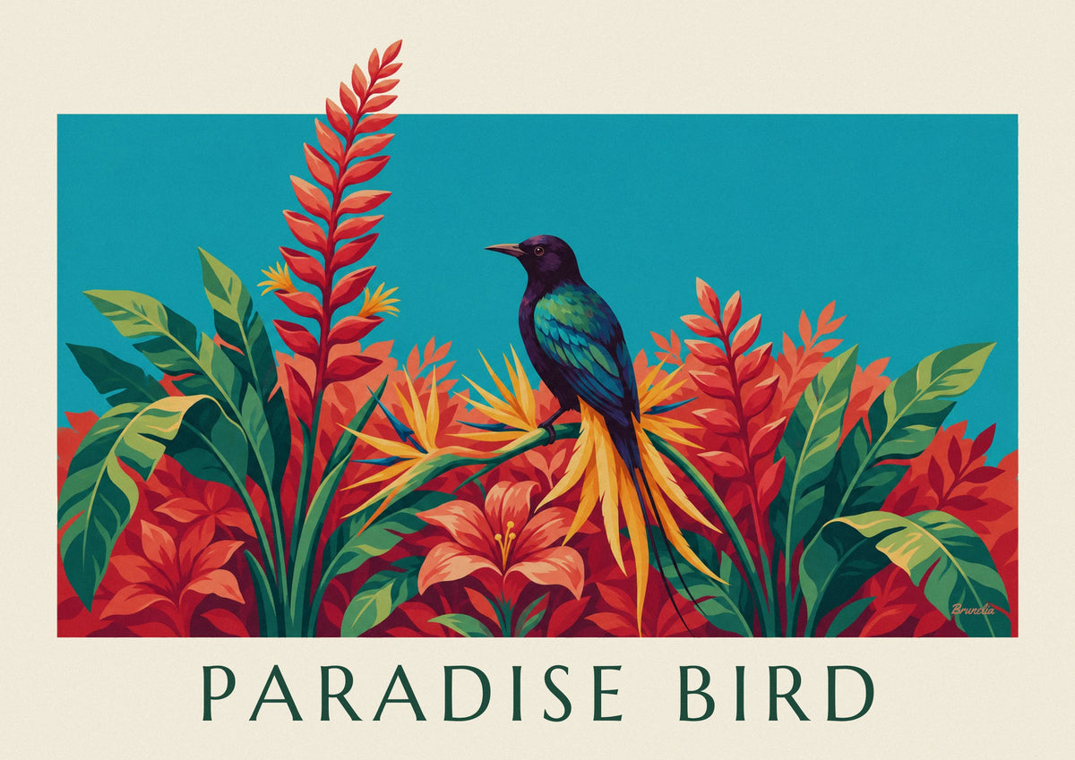 Affiche oiseau de paradis parmi les fleurs tropicales