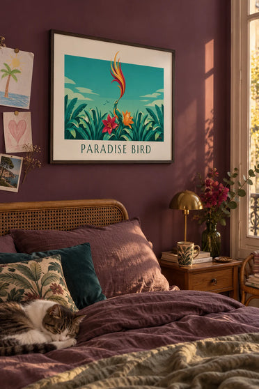 Poster of a bird of paradise among tropical flowers: framed on the wall