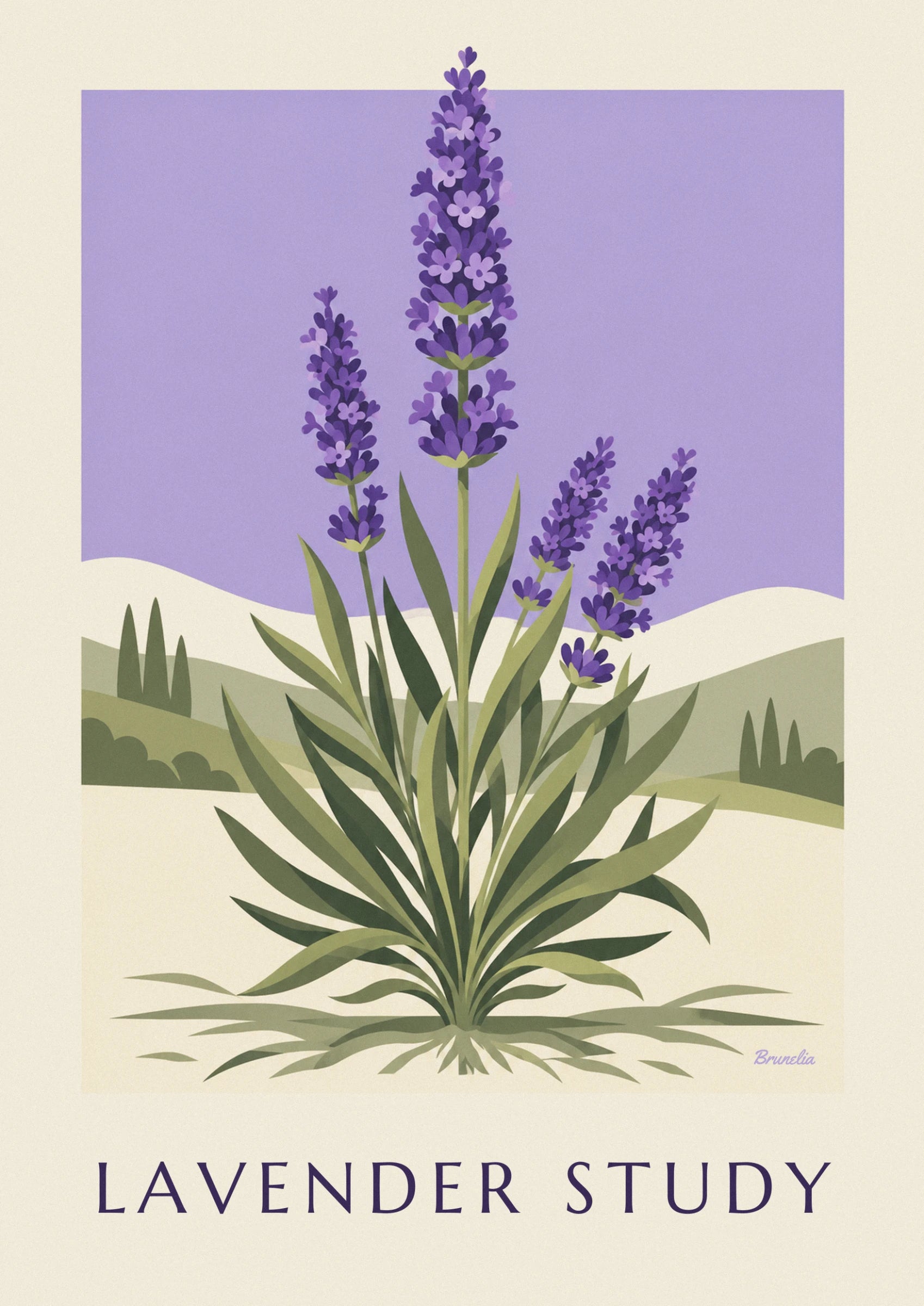 Un grand épi de lavande violet sur son ciel mauve, avec 2 épis plus petits à ses côtés