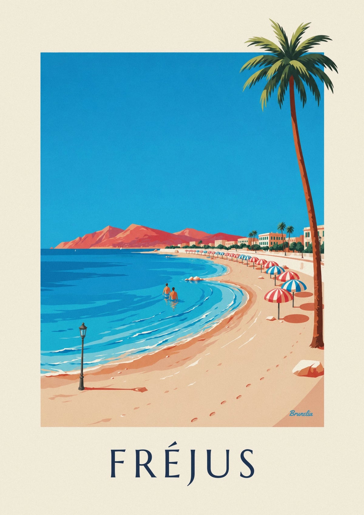 Fréjus seaside palm trees and parasols poster