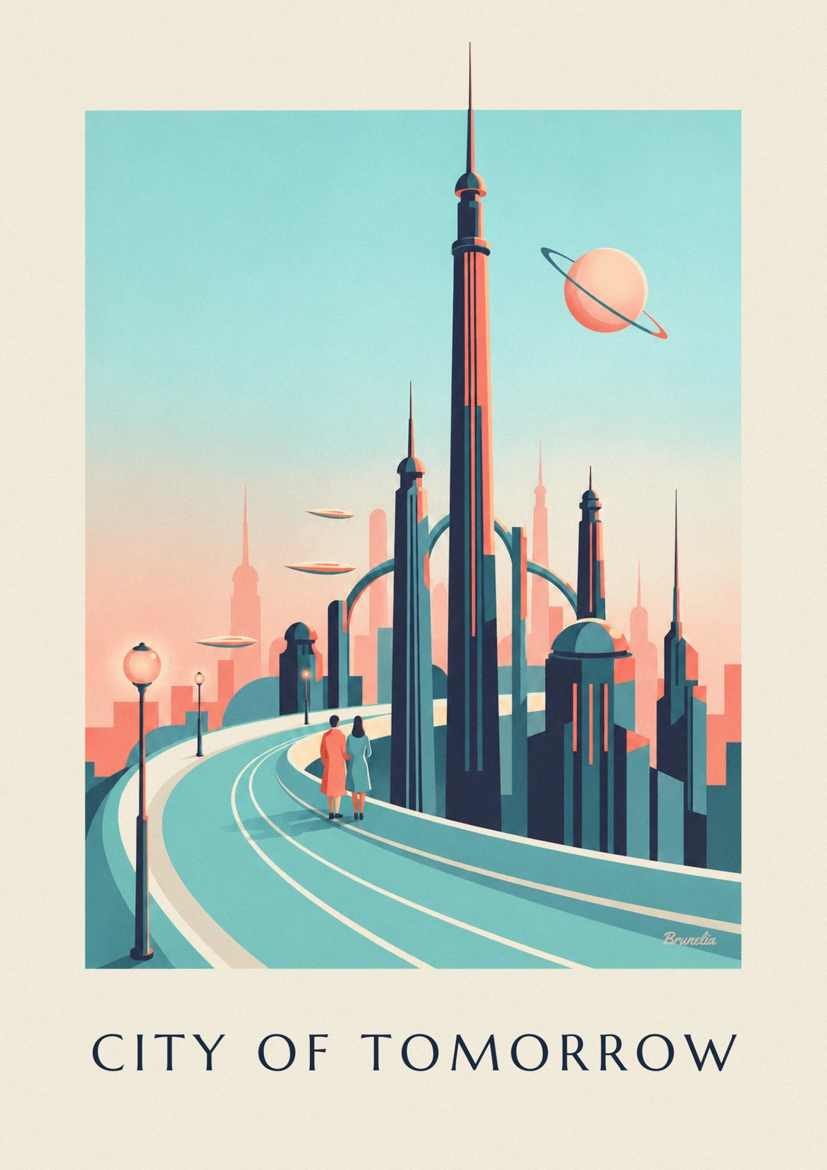 Affiche métropole futuriste de science-fiction et planète à anneaux