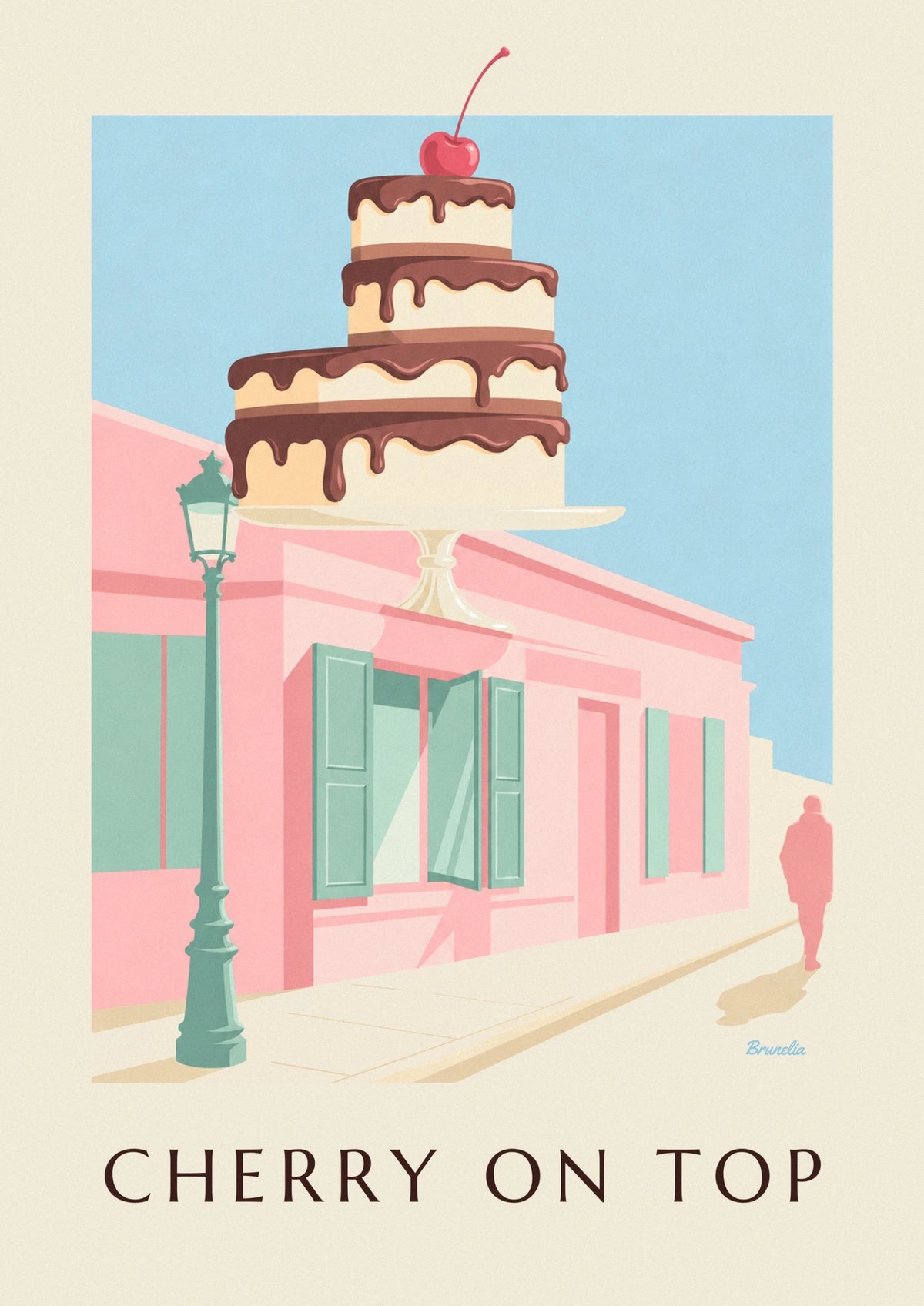 Affiche gâteau au chocolat et sa cerise en vitrine de pâtisserie