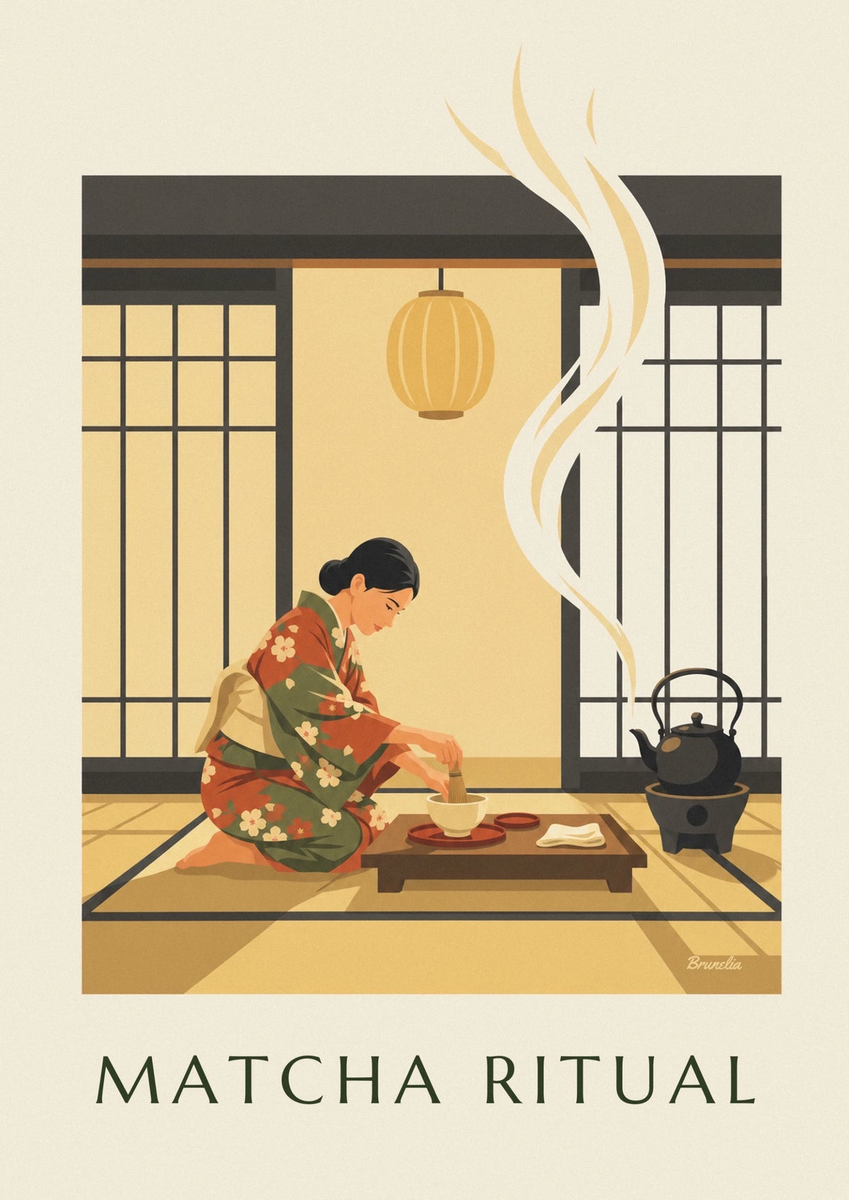 Affiche cérémonie du thé et bol de matcha au Japon
